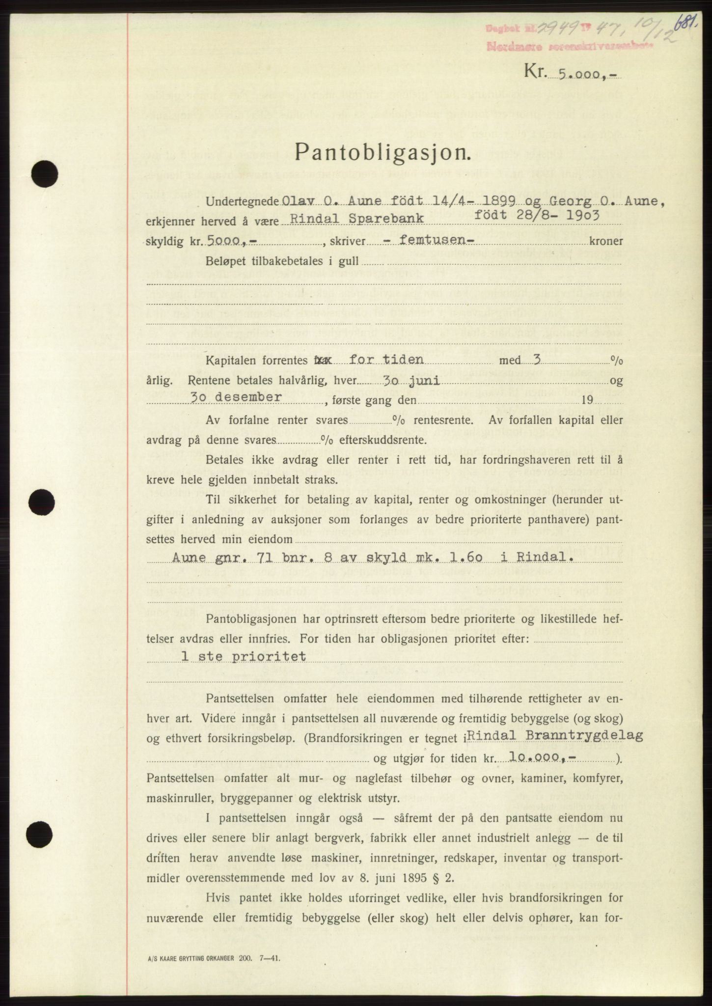 Nordmøre sorenskriveri, AV/SAT-A-4132/1/2/2Ca: Mortgage book no. B97, 1947-1948, Diary no: : 2949/1947