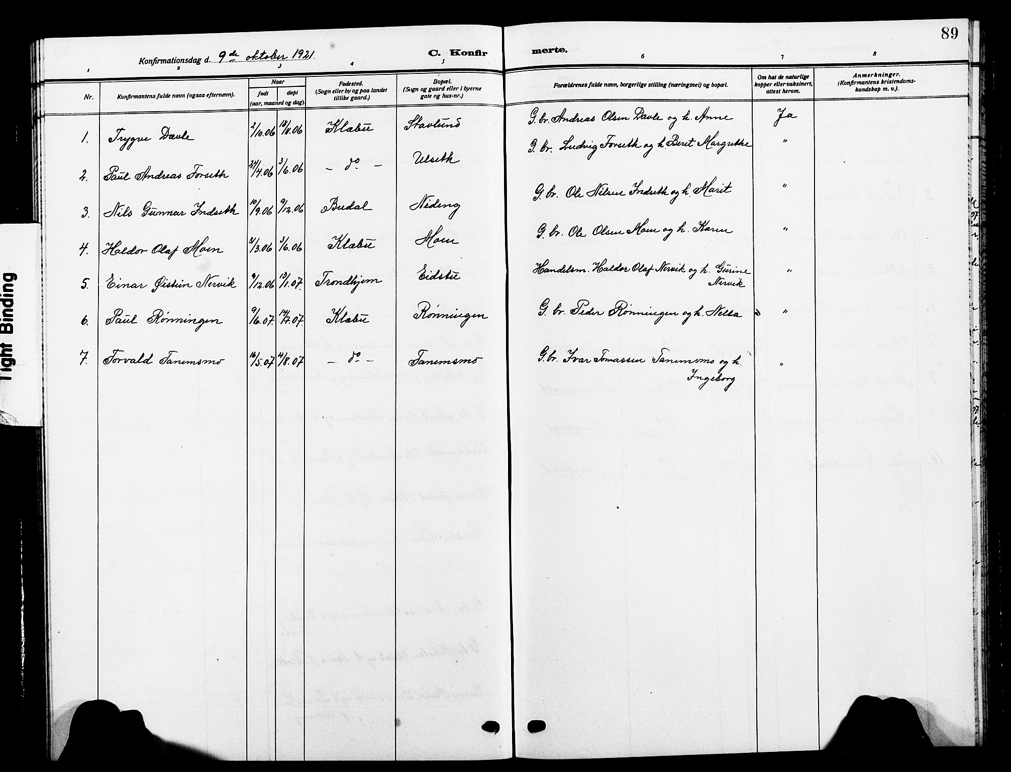 Ministerialprotokoller, klokkerbøker og fødselsregistre - Sør-Trøndelag, AV/SAT-A-1456/618/L0453: Parish register (copy) no. 618C04, 1907-1925, p. 89