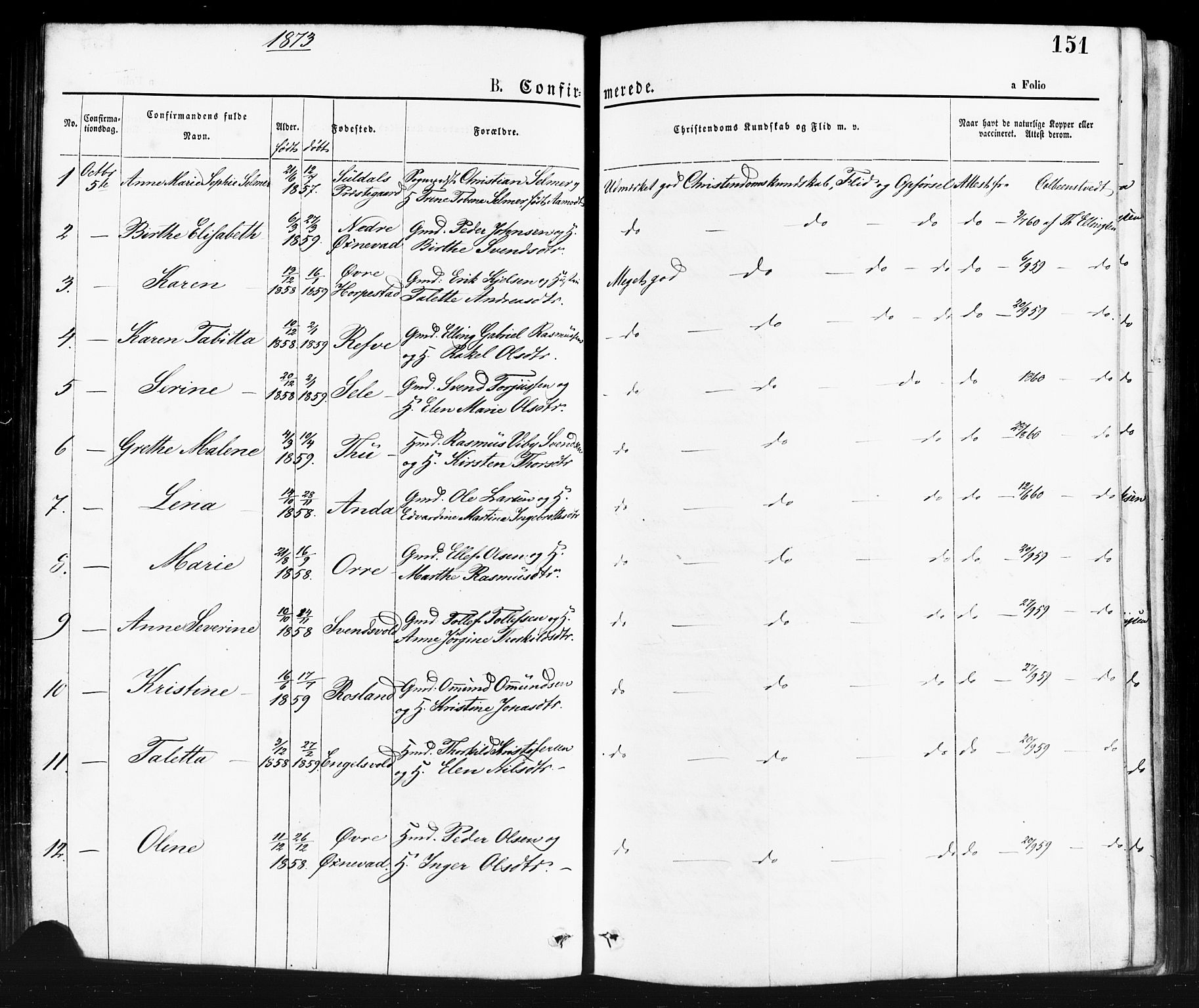 Klepp sokneprestkontor, SAST/A-101803/001/3/30BA/L0006: Parish register (official) no. A 6, 1871-1885, p. 151