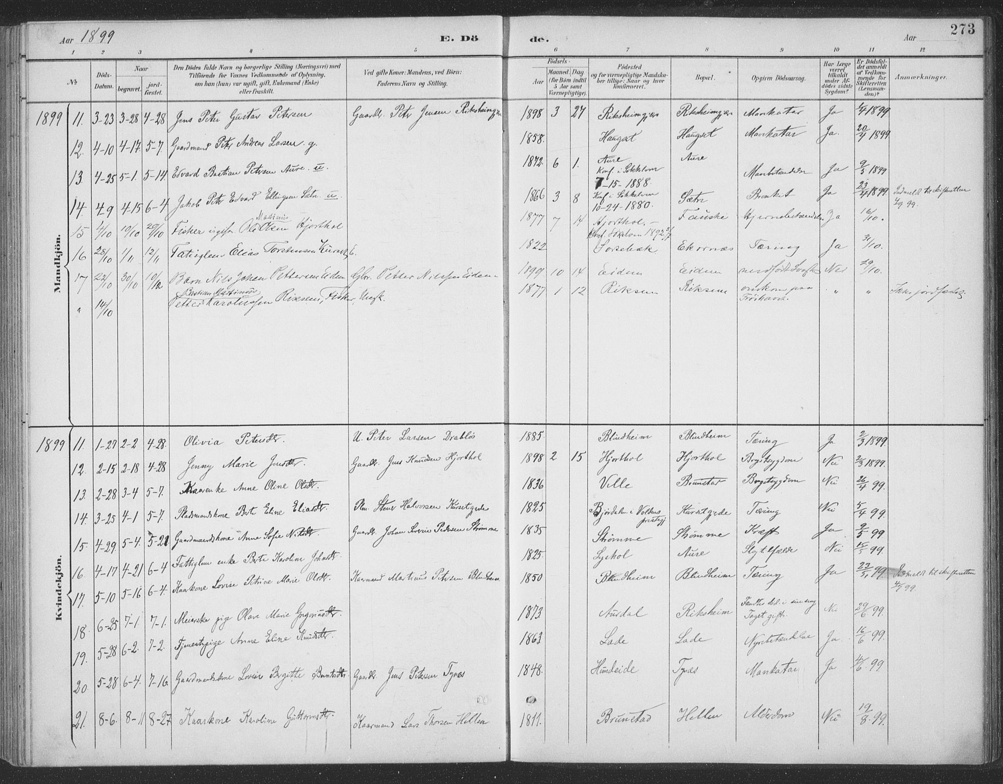 Ministerialprotokoller, klokkerbøker og fødselsregistre - Møre og Romsdal, SAT/A-1454/523/L0335: Parish register (official) no. 523A02, 1891-1911, p. 273
