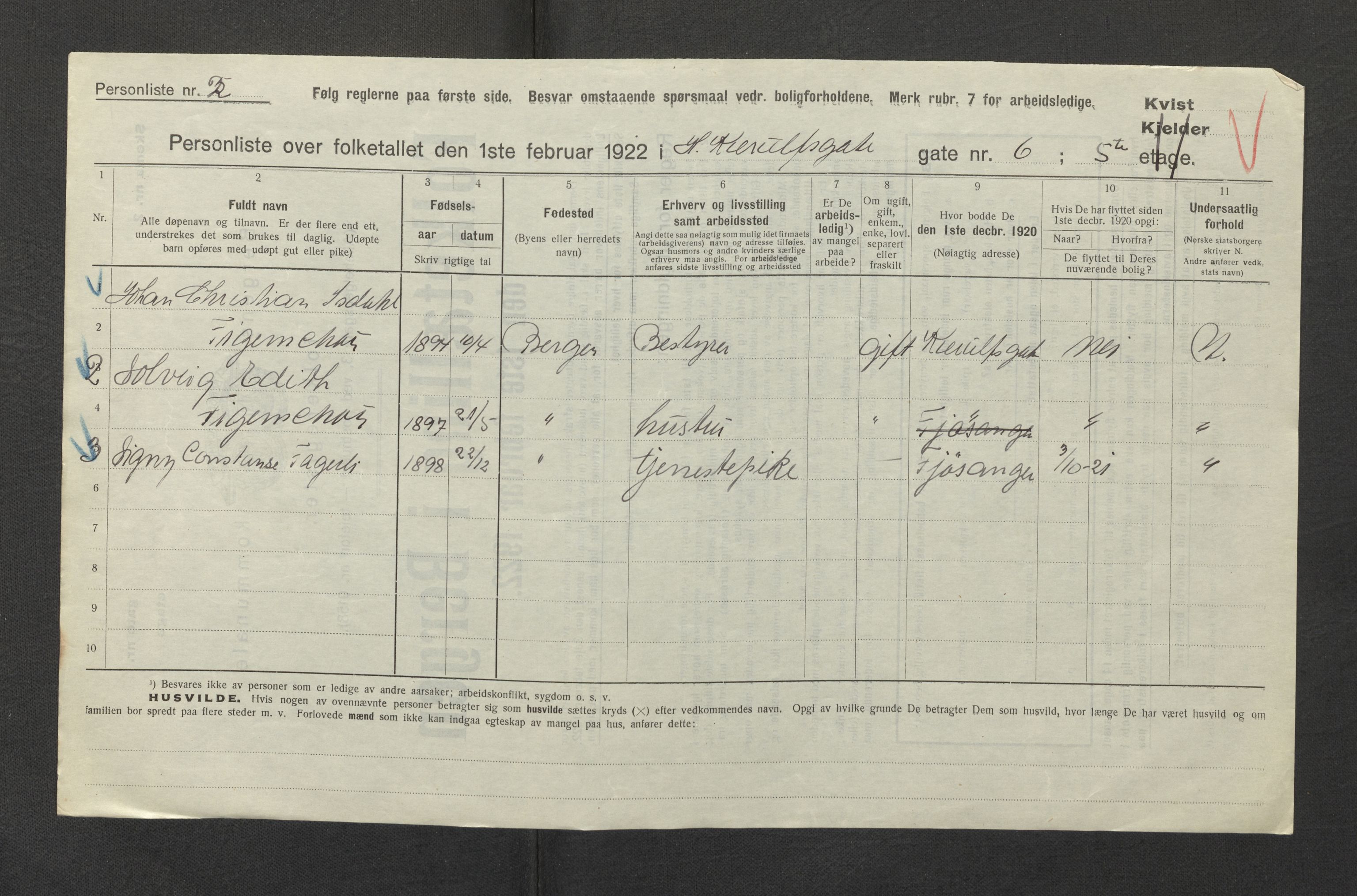 SAB, Municipal Census 1922 for Bergen, 1922, p. 11937