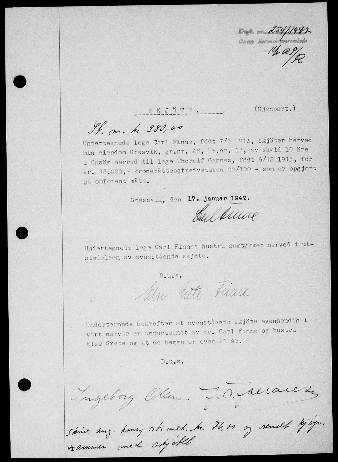 Onsøy sorenskriveri, SAO/A-10474/G/Ga/Gab/L0018: Mortgage book no. II A-18, 1946-1947, Diary no: : 254/1947