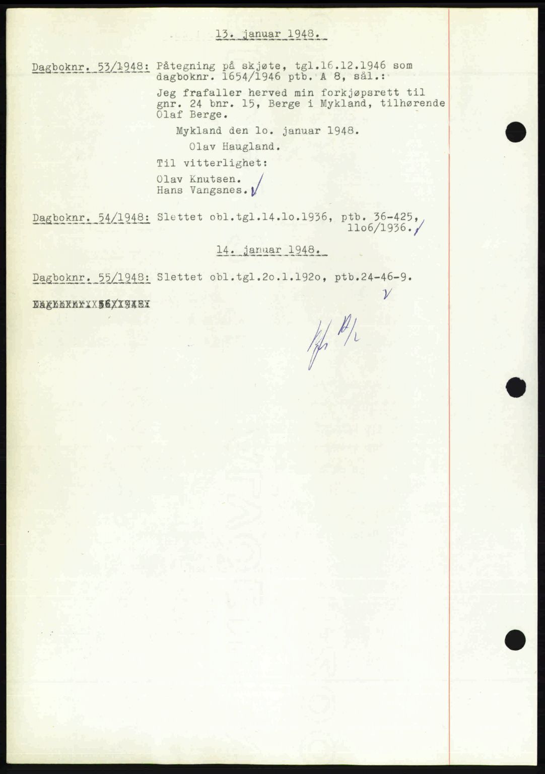 Nedenes sorenskriveri, SAK/1221-0006/G/Gb/Gba/L0058: Mortgage book no. A10, 1947-1948, Diary no: : 53/1948