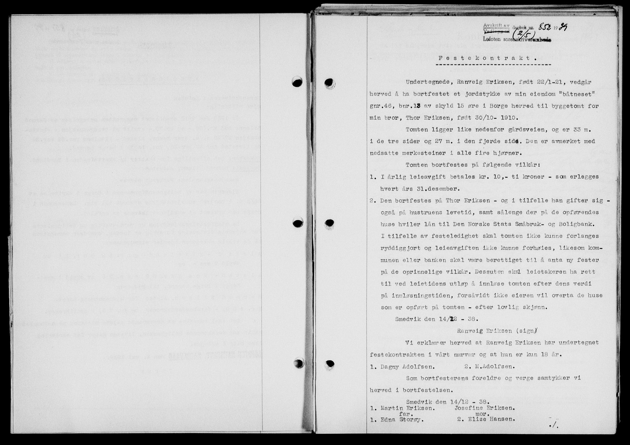 Lofoten sorenskriveri, SAT/A-0017/1/2/2C/L0005a: Mortgage book no. 5a, 1939-1939, Diary no: : 852/1939