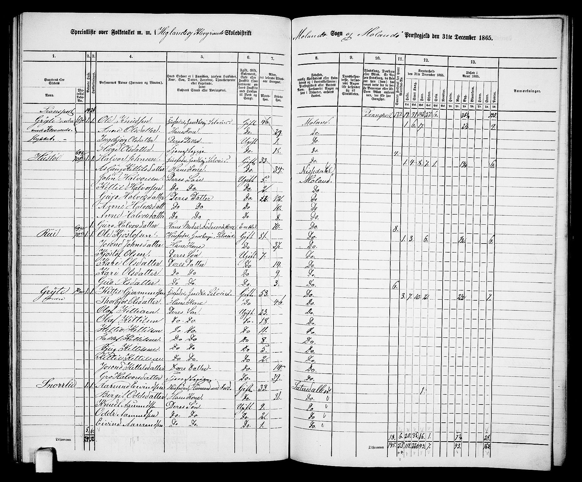 RA, 1865 census for Moland, 1865, p. 64