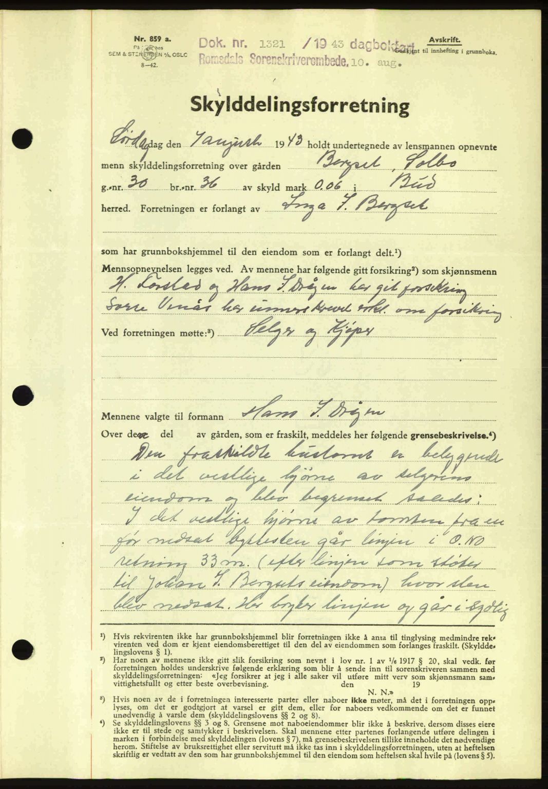 Romsdal sorenskriveri, AV/SAT-A-4149/1/2/2C: Mortgage book no. A14, 1943-1943, Diary no: : 1321/1943