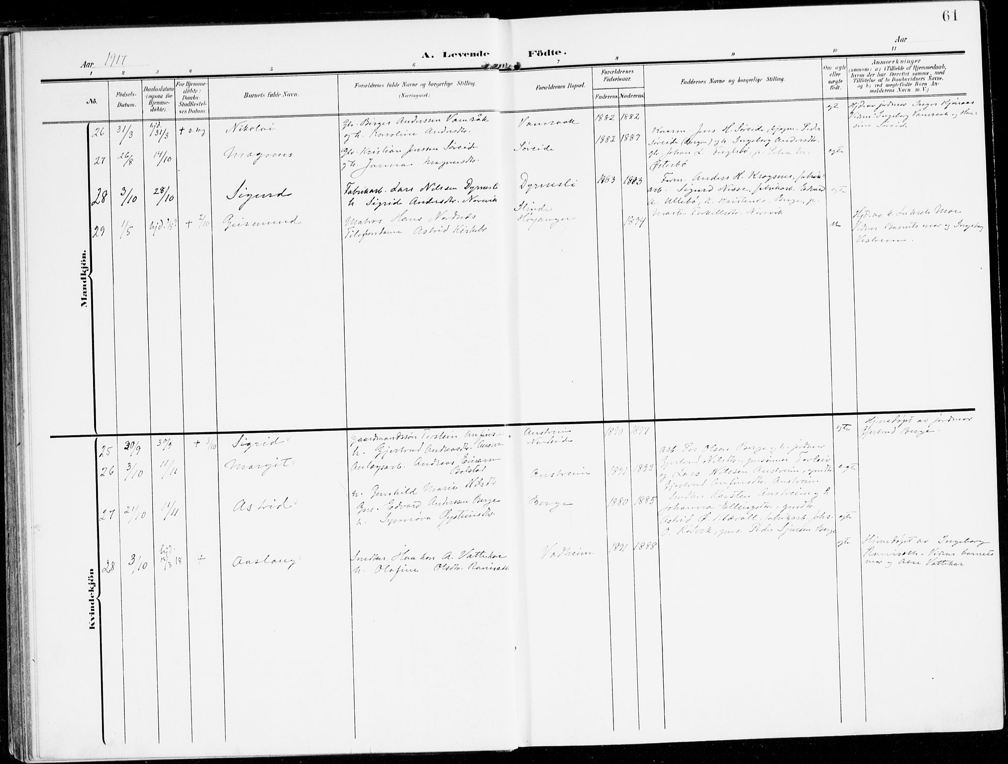 Lavik sokneprestembete, AV/SAB-A-80901: Parish register (official) no. C 2, 1904-1921, p. 61