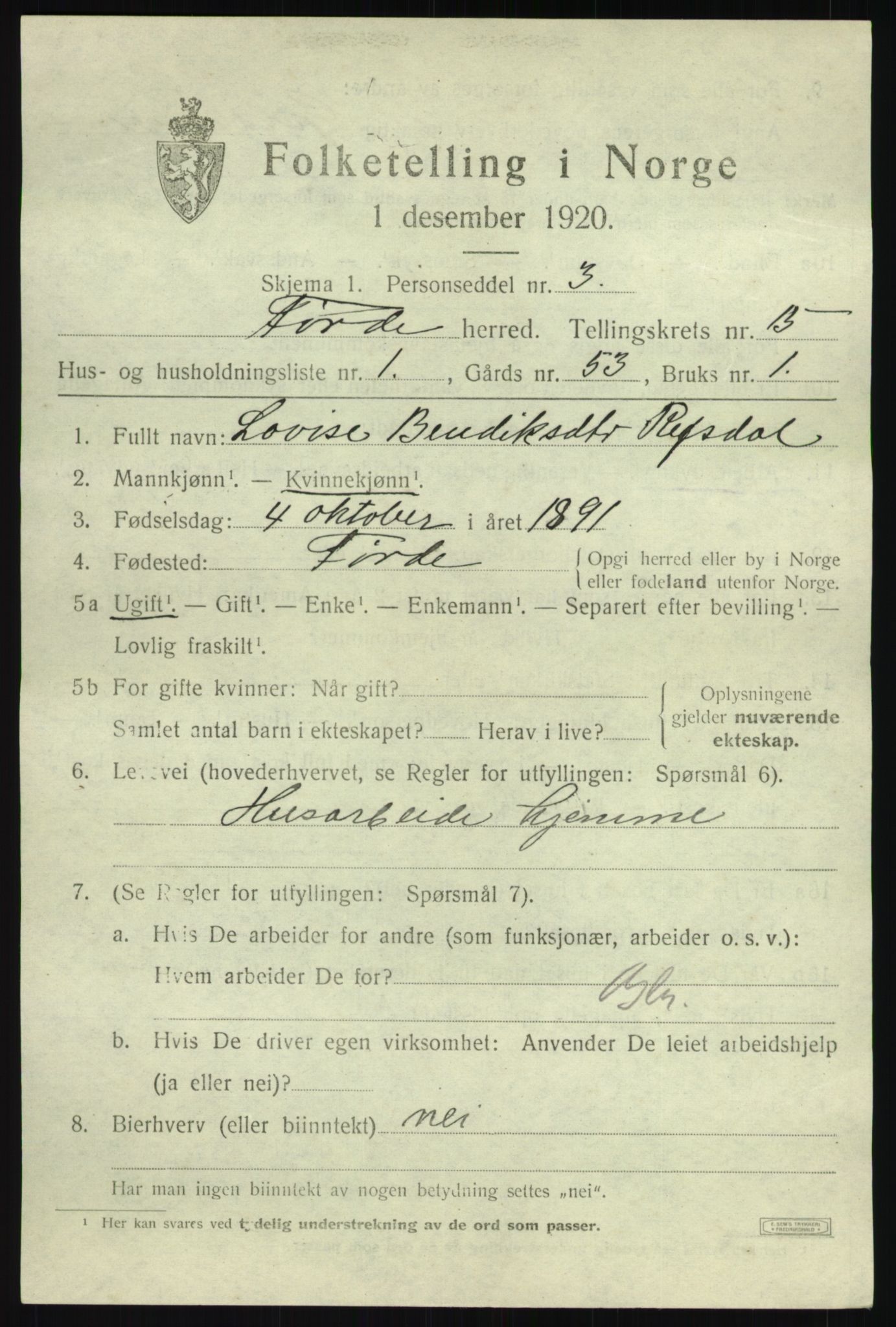 SAB, 1920 census for Førde, 1920, p. 5148