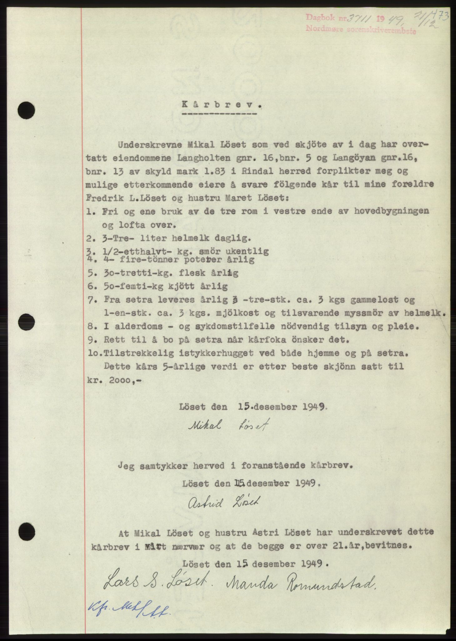 Nordmøre sorenskriveri, AV/SAT-A-4132/1/2/2Ca: Mortgage book no. B103, 1949-1950, Diary no: : 3711/1949