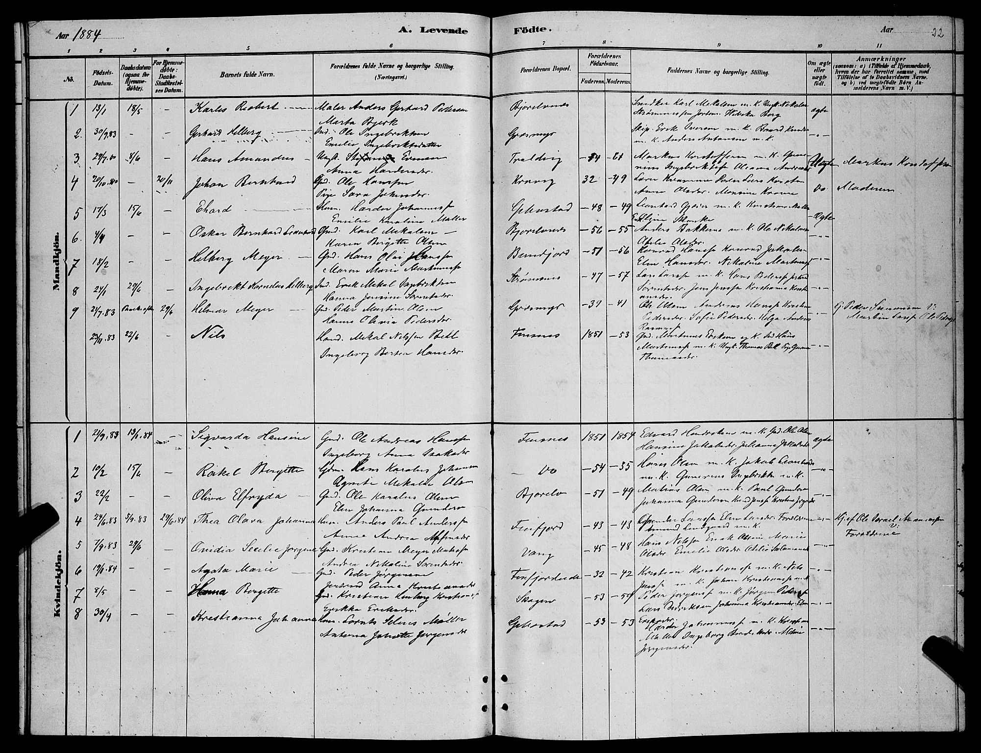 Lenvik sokneprestembete, SATØ/S-1310/H/Ha/Hab/L0006klokker: Parish register (copy) no. 6, 1881-1889, p. 22