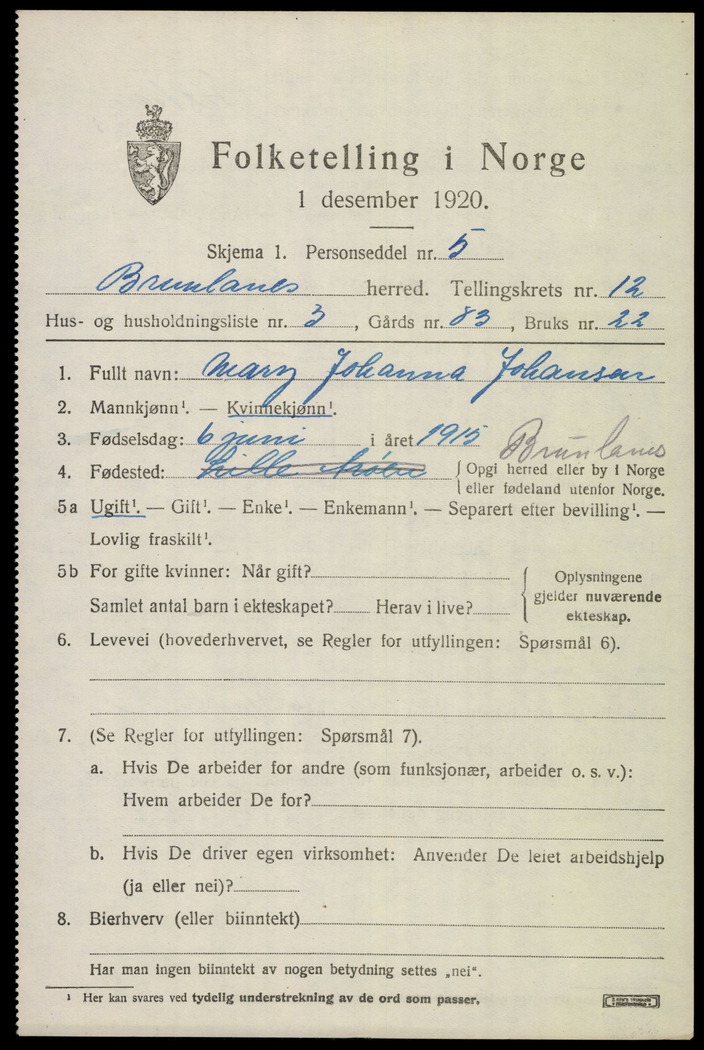 SAKO, 1920 census for Brunlanes, 1920, p. 10527