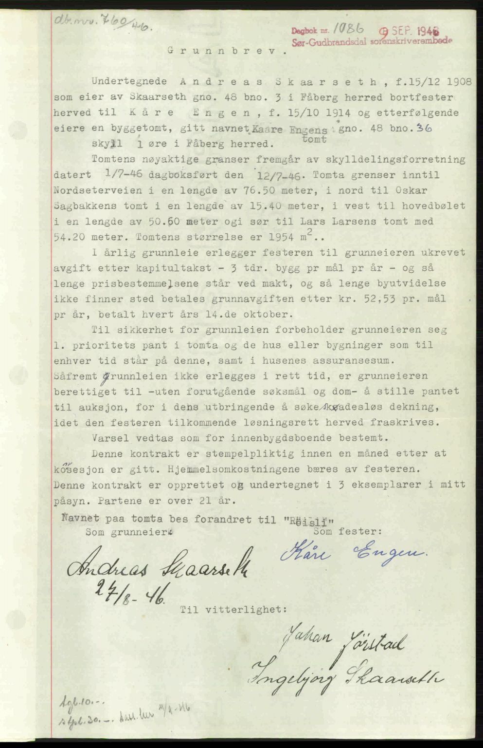 Sør-Gudbrandsdal tingrett, SAH/TING-004/H/Hb/Hbd/L0016: Mortgage book no. A16, 1946-1946, Diary no: : 1086/1946