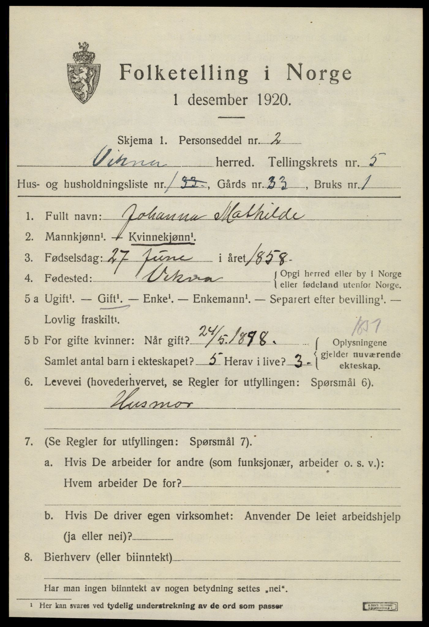 SAT, 1920 census for Vikna, 1920, p. 4621