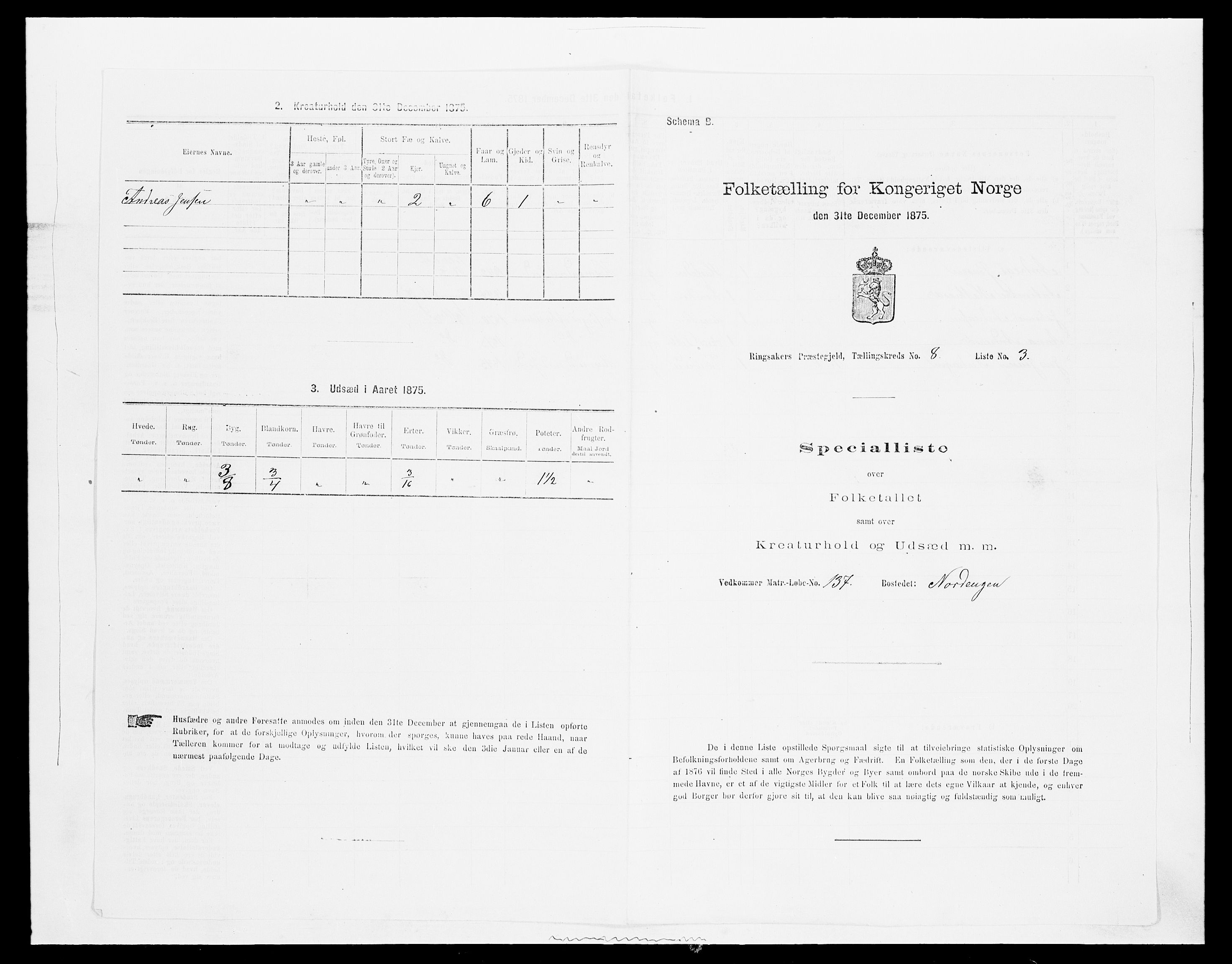 SAH, 1875 census for 0412P Ringsaker, 1875, p. 1632