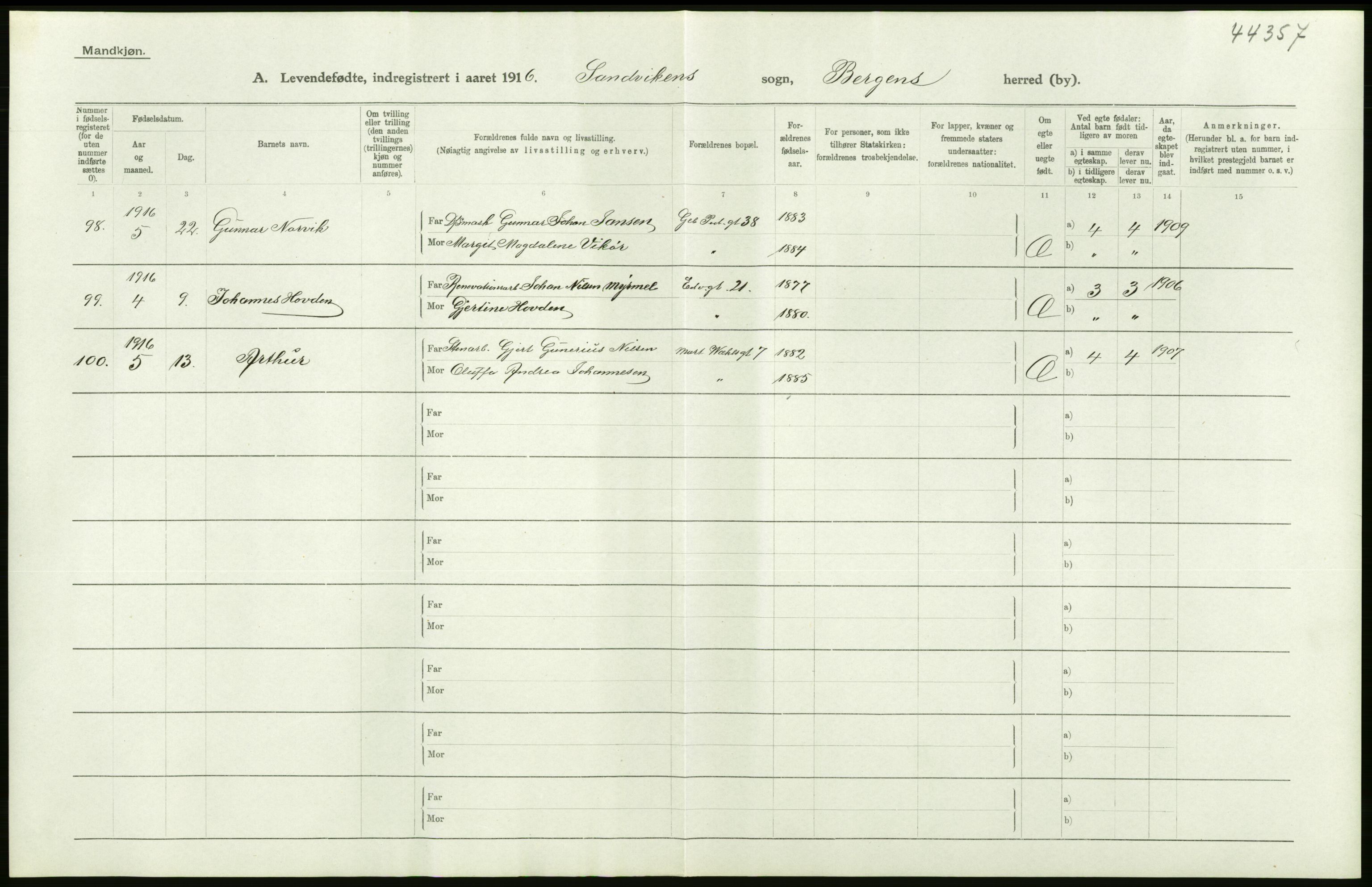 Statistisk sentralbyrå, Sosiodemografiske emner, Befolkning, AV/RA-S-2228/D/Df/Dfb/Dfbf/L0037: Bergen: Levendefødte menn og kvinner., 1916, p. 30