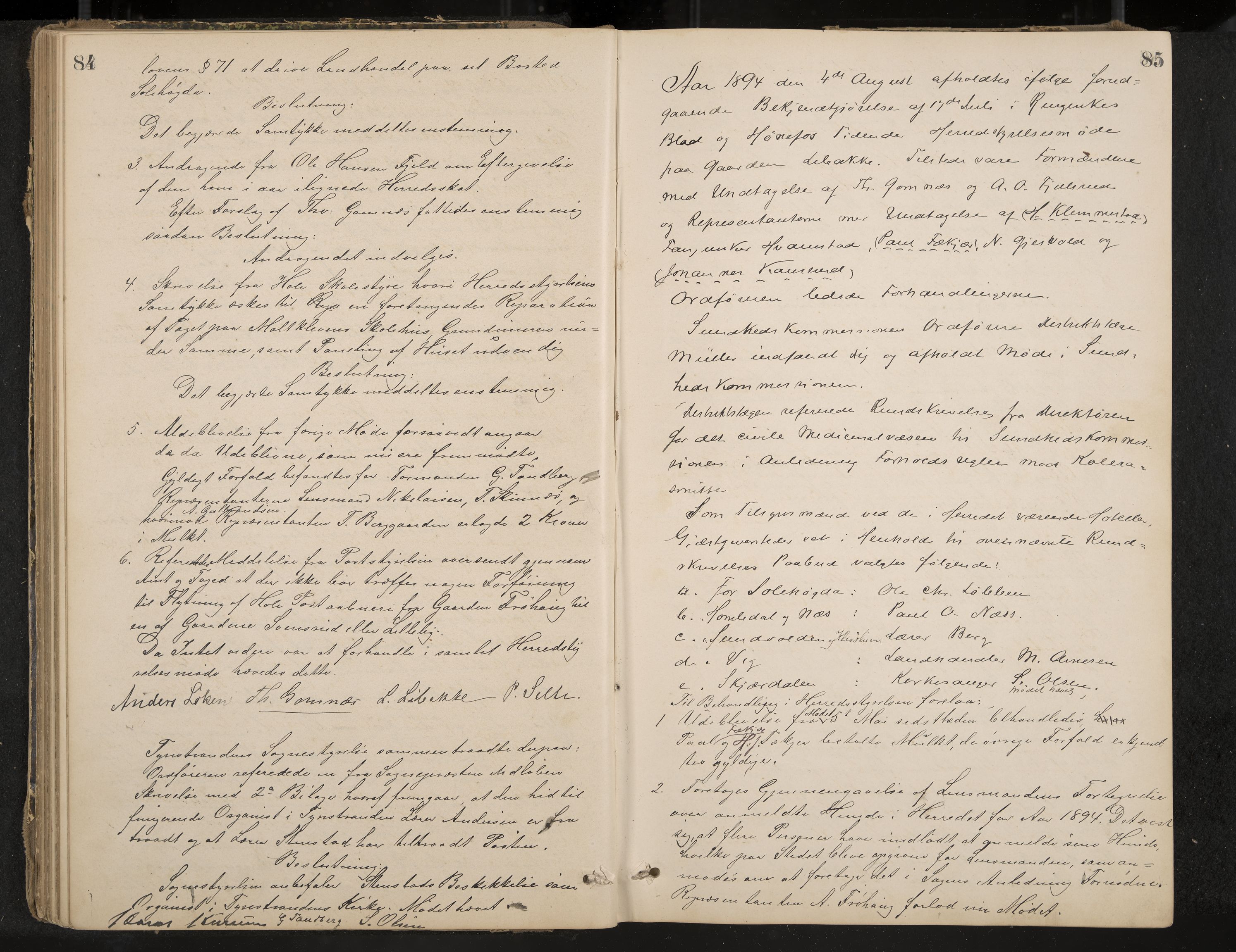 Hole formannskap og sentraladministrasjon, IKAK/0612021-1/A/Aa/L0003: Møtebok med register, 1892-1902, p. 84-85