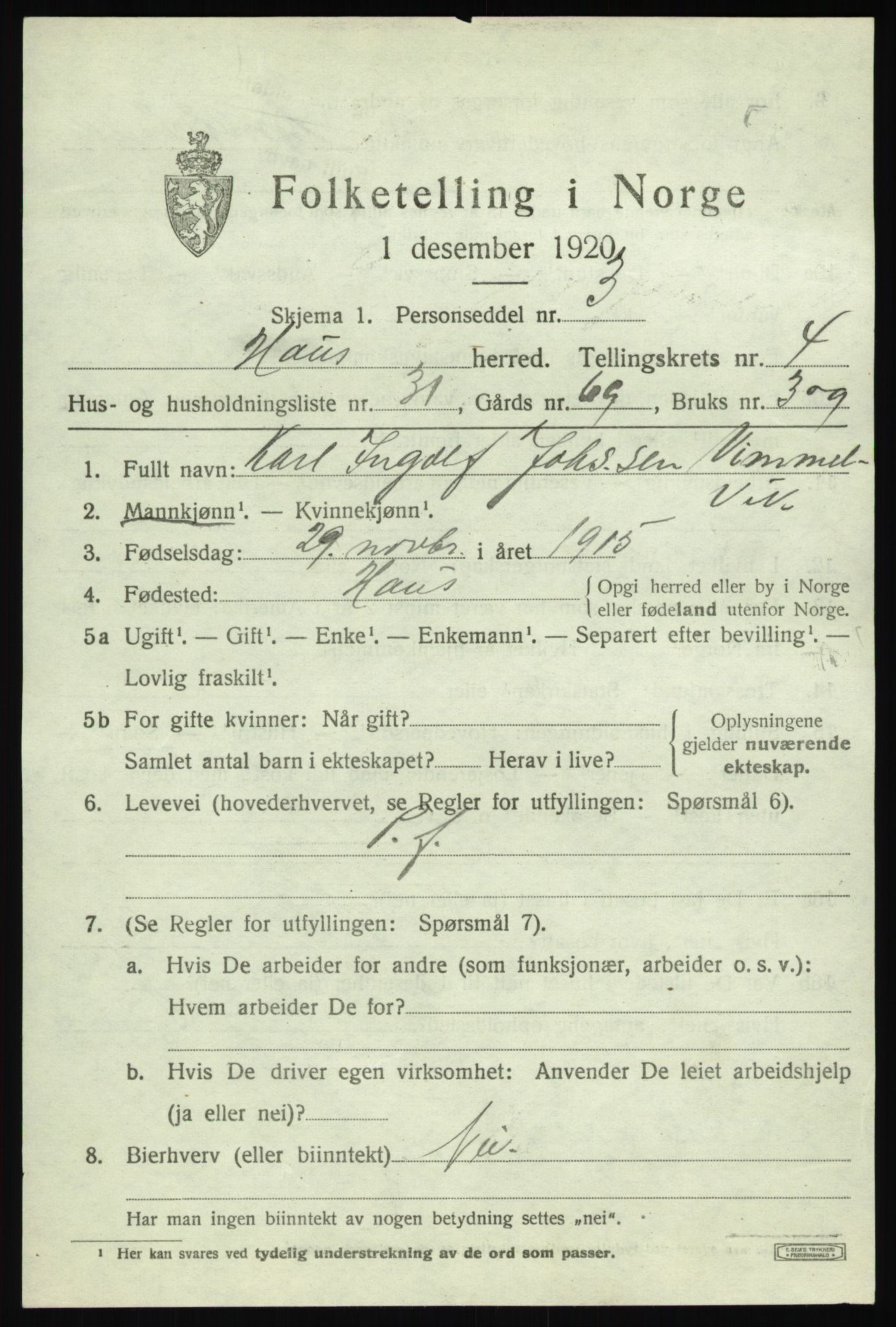 SAB, 1920 census for Haus, 1920, p. 3277