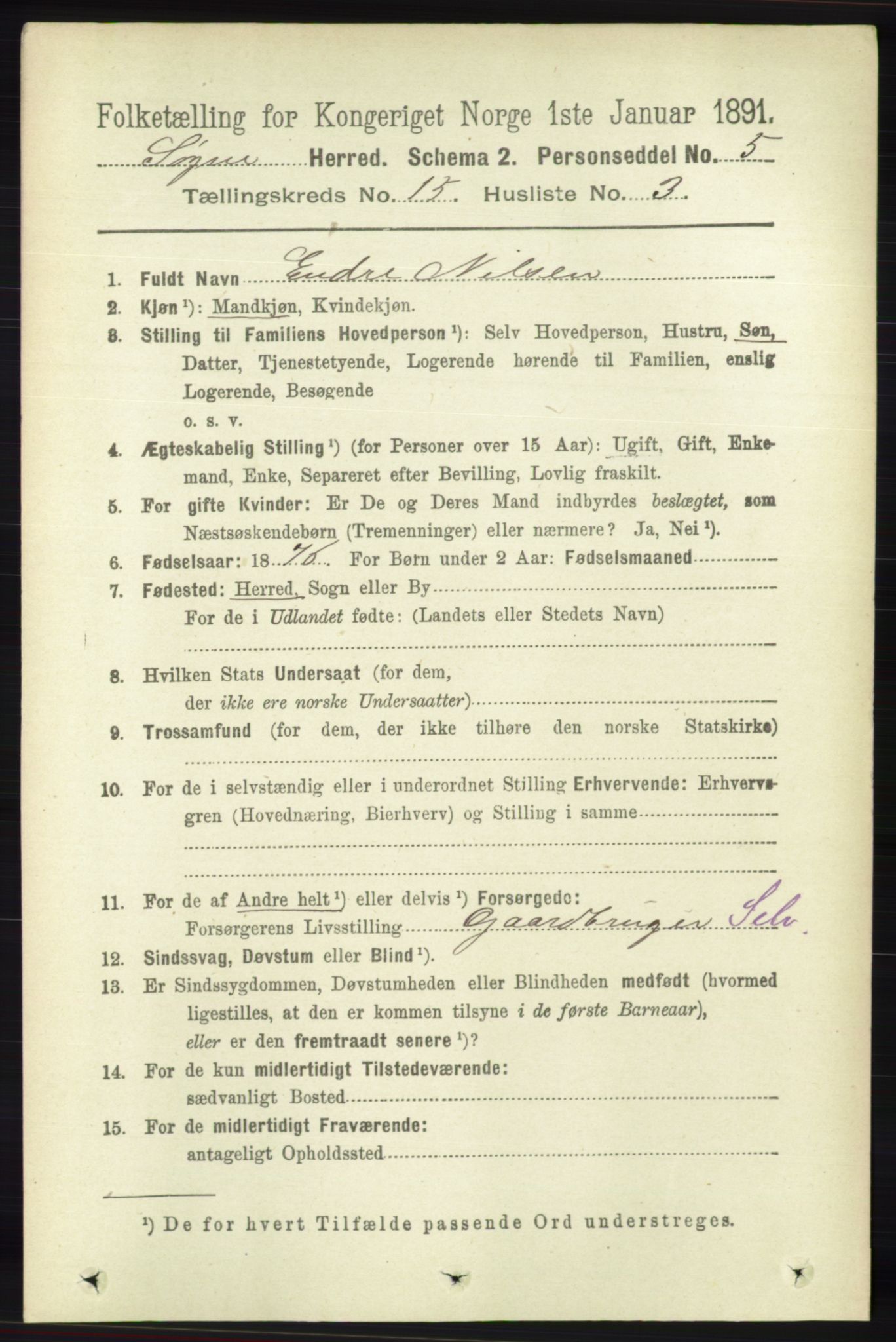 RA, 1891 census for 1018 Søgne, 1891, p. 3909