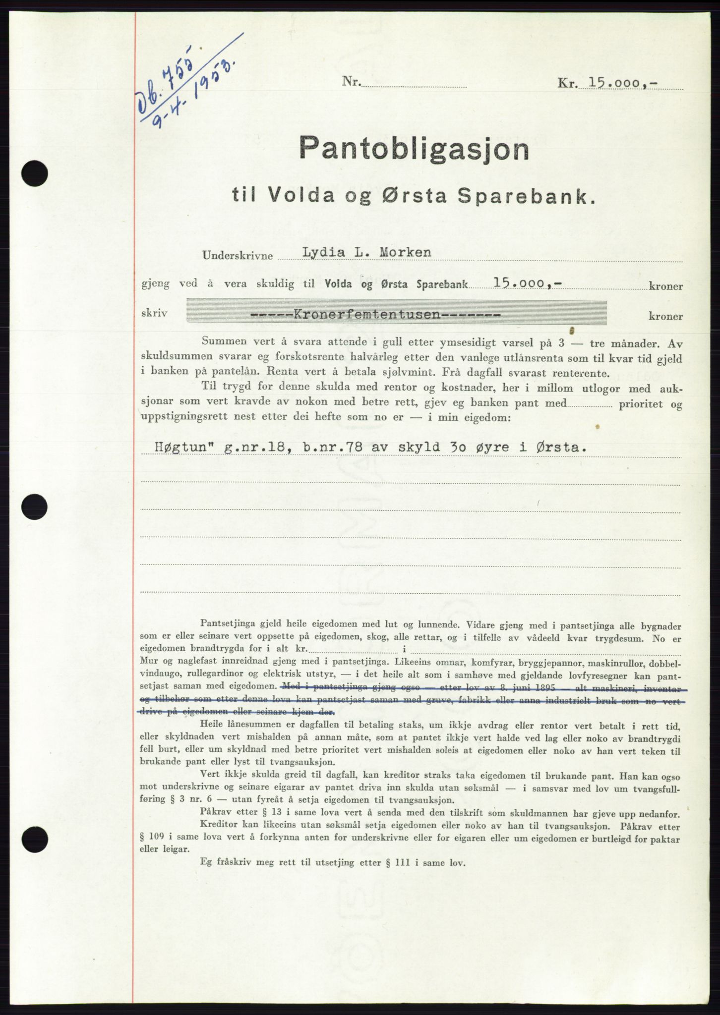 Søre Sunnmøre sorenskriveri, AV/SAT-A-4122/1/2/2C/L0123: Mortgage book no. 11B, 1953-1953, Diary no: : 755/1953