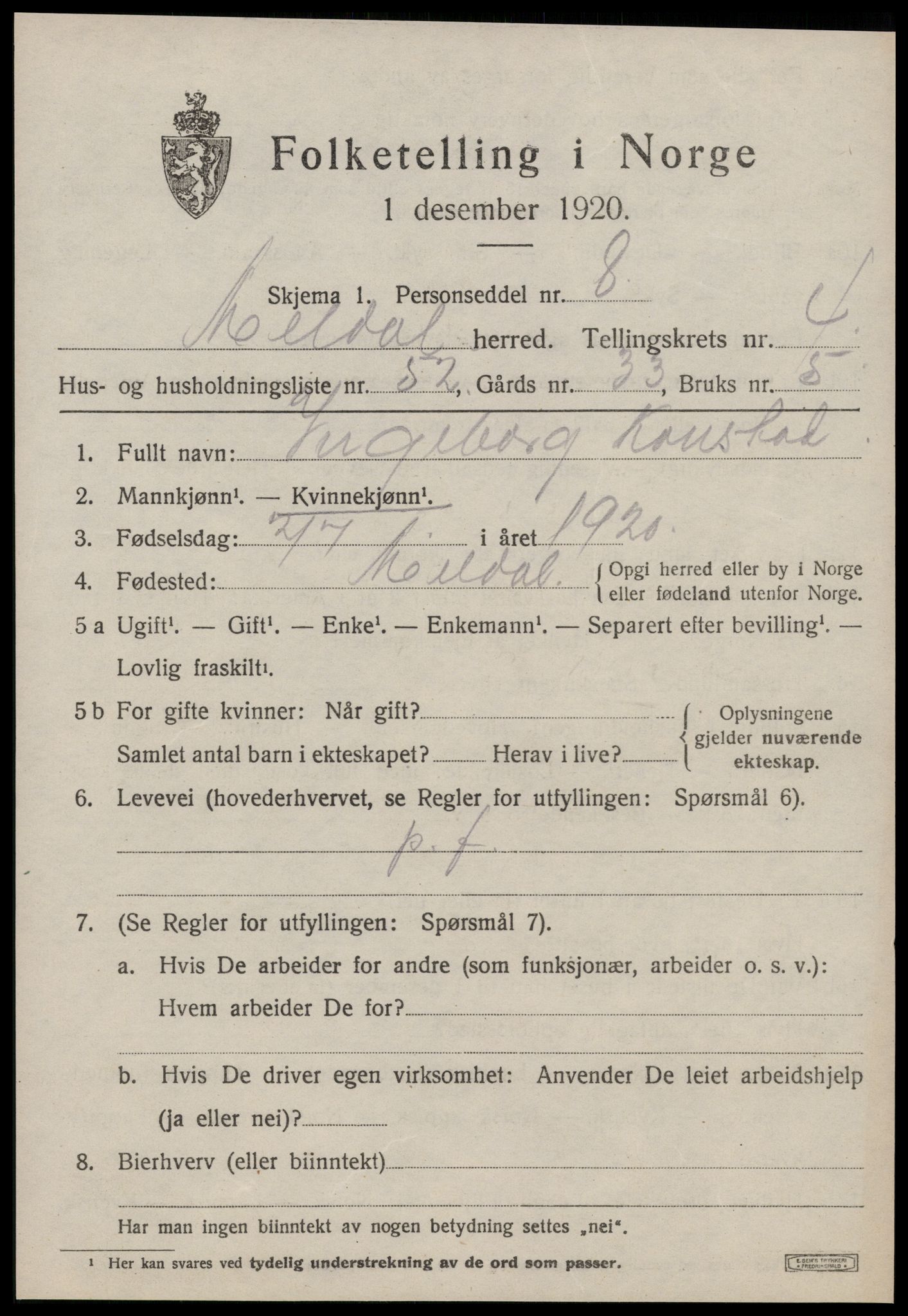 SAT, 1920 census for Meldal, 1920, p. 4431