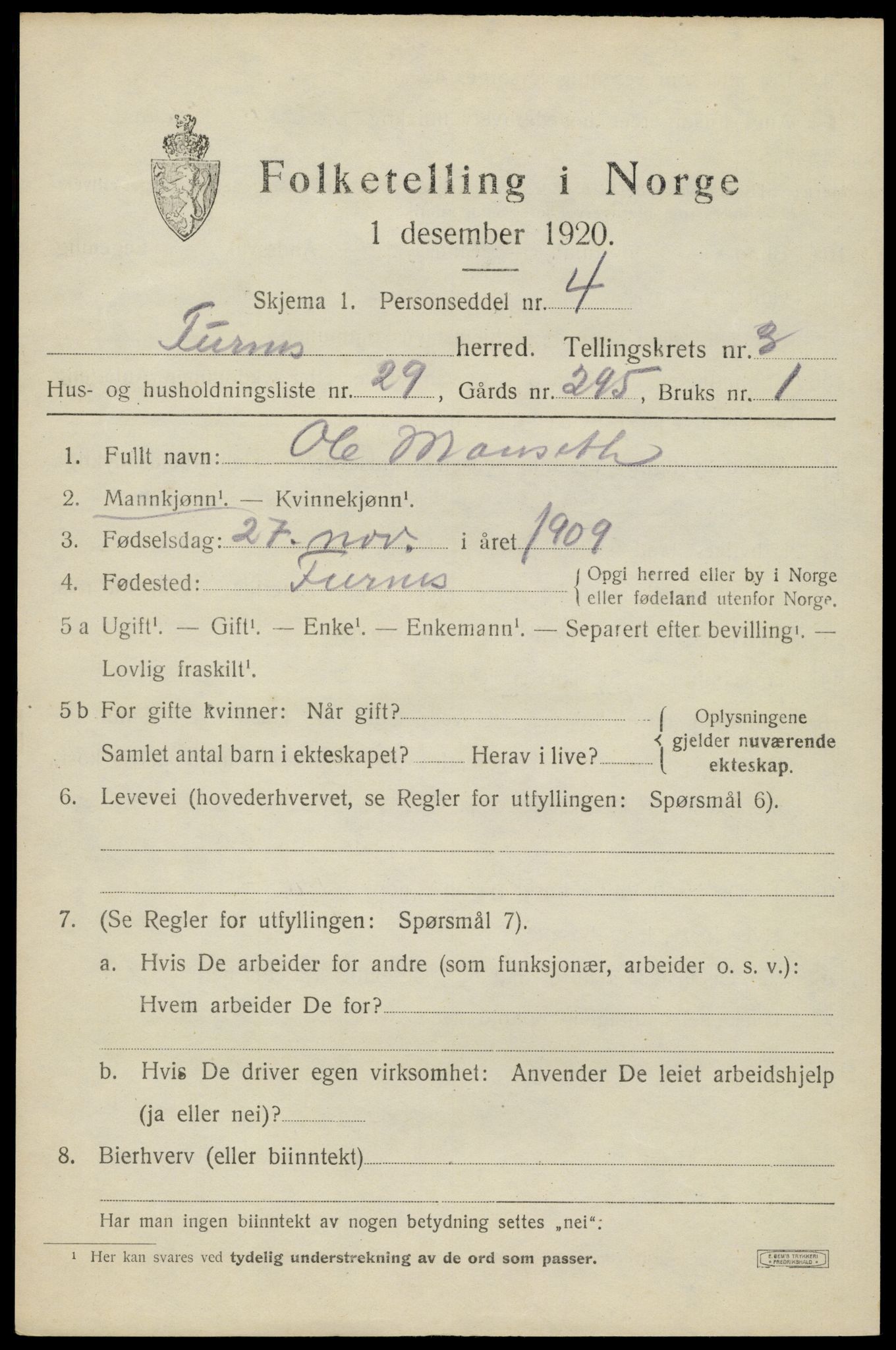 SAH, 1920 census for Furnes, 1920, p. 5157