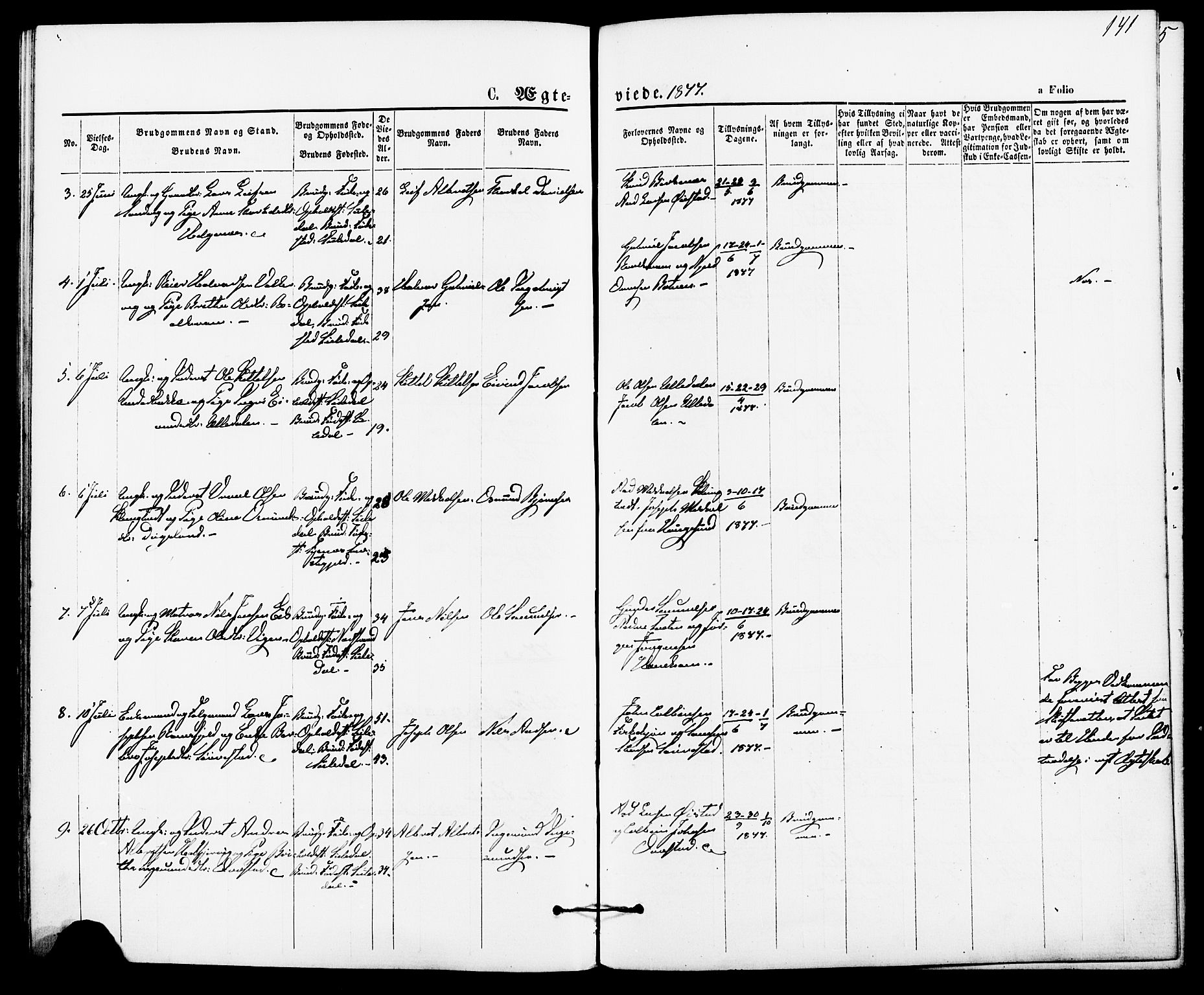 Suldal sokneprestkontor, AV/SAST-A-101845/01/IV/L0010: Parish register (official) no. A 10, 1869-1878, p. 141