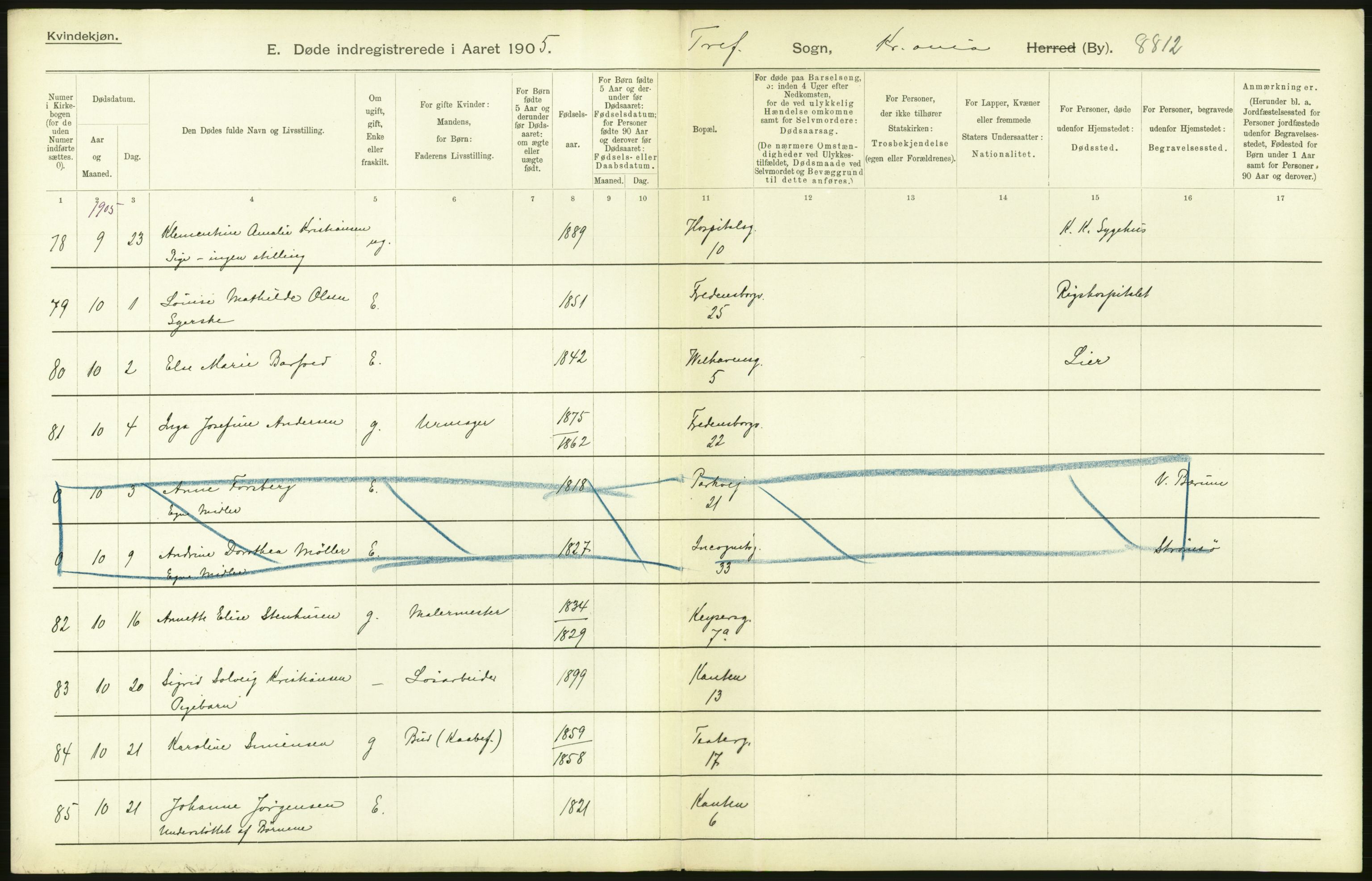 Statistisk sentralbyrå, Sosiodemografiske emner, Befolkning, AV/RA-S-2228/D/Df/Dfa/Dfac/L0007a: Kristiania: Døde, dødfødte., 1905, p. 478