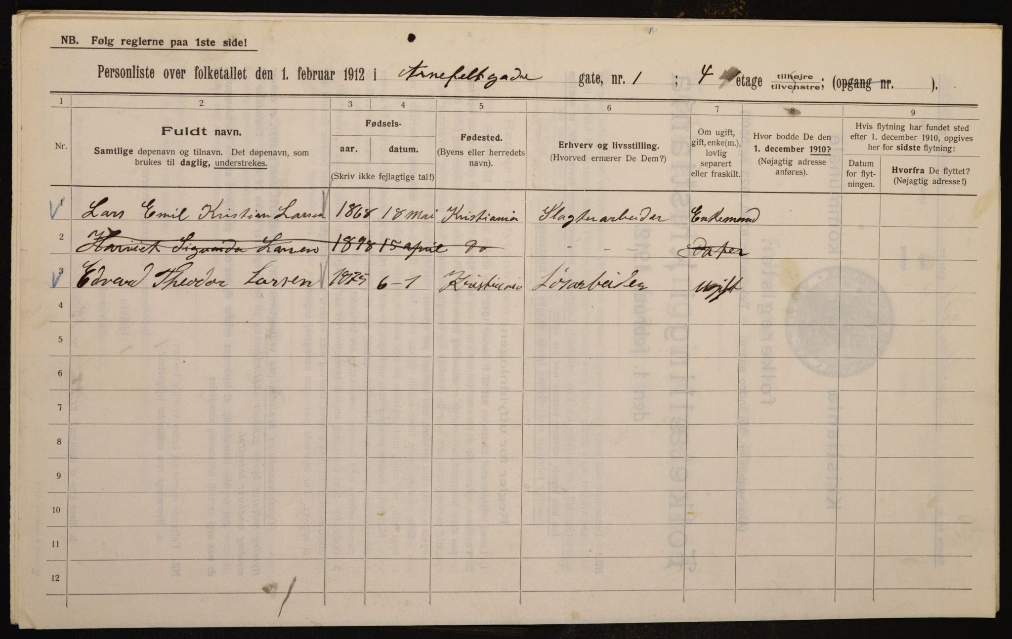 OBA, Municipal Census 1912 for Kristiania, 1912, p. 1073