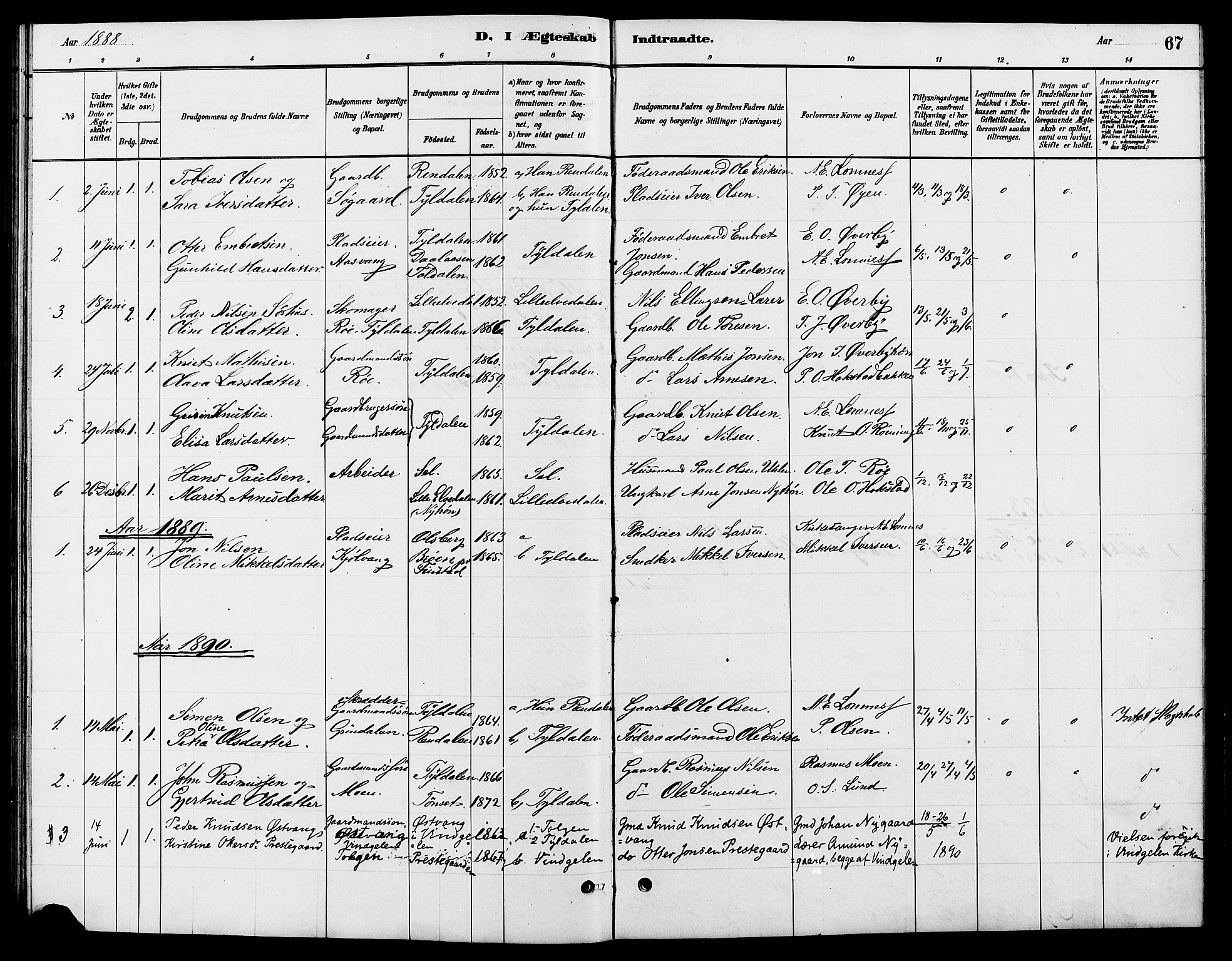 Tynset prestekontor, SAH/PREST-058/H/Ha/Hab/L0007: Parish register (copy) no. 7, 1880-1901, p. 67