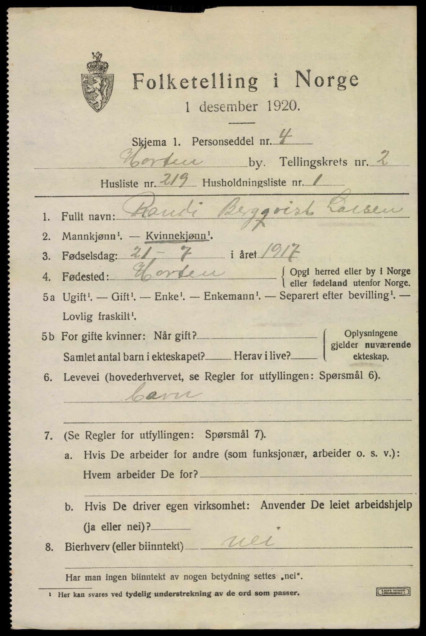 SAKO, 1920 census for Horten, 1920, p. 13455