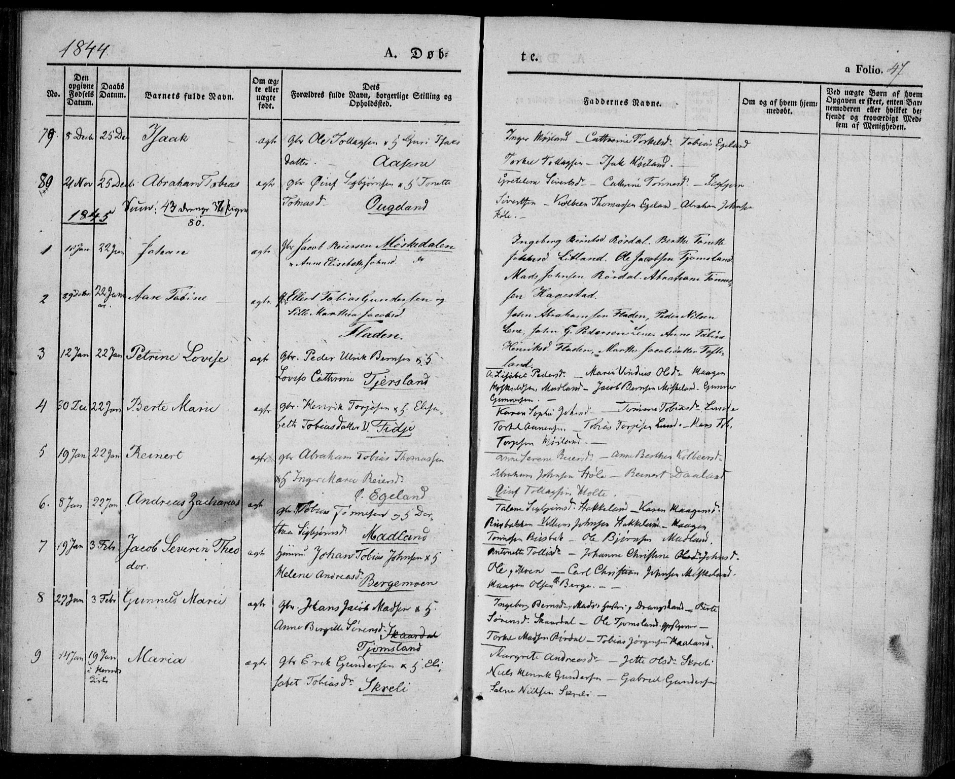 Lyngdal sokneprestkontor, SAK/1111-0029/F/Fa/Fac/L0008: Parish register (official) no. A 8, 1837-1852, p. 47