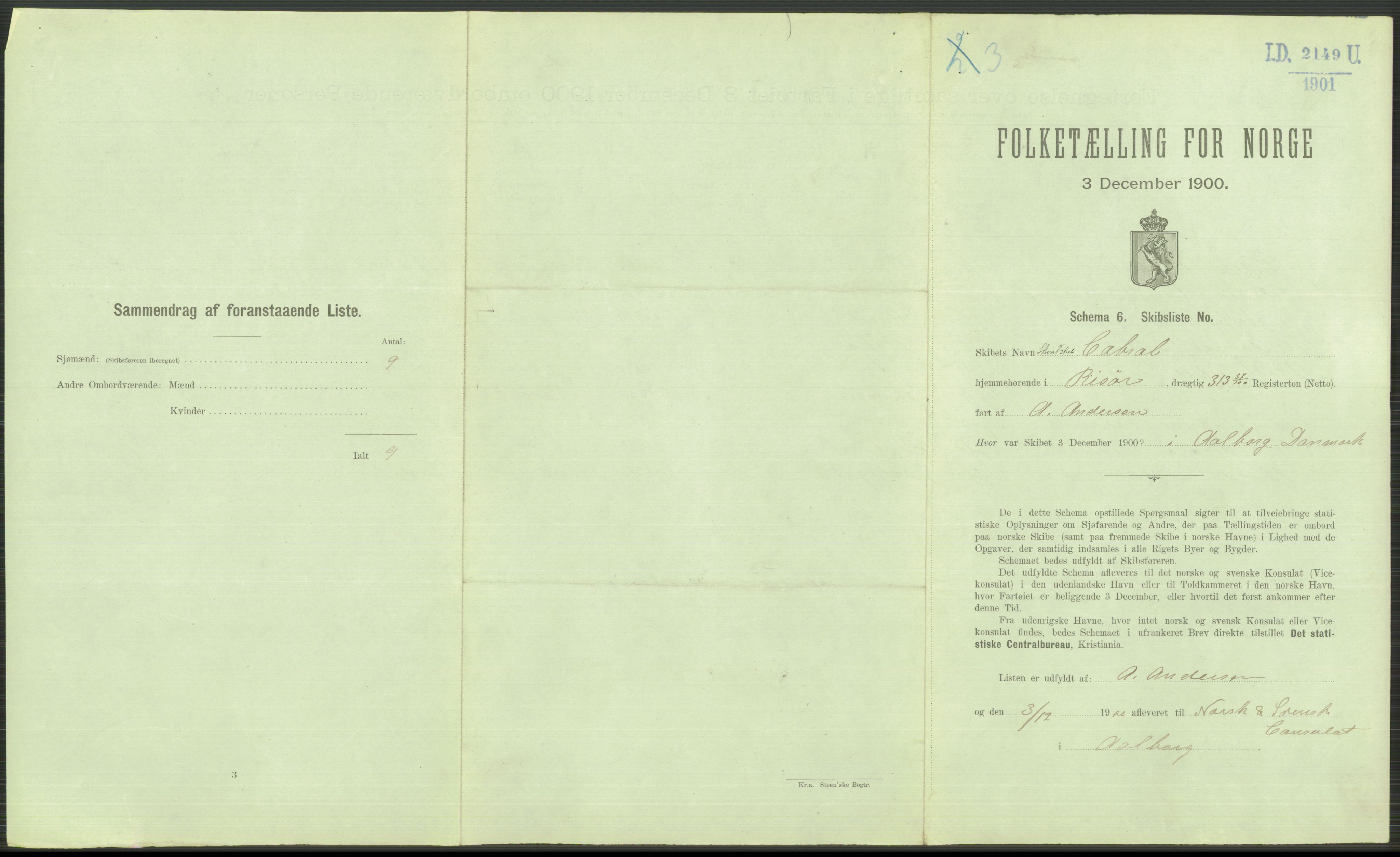 RA, 1900 Census - ship lists from ships in Norwegian harbours, harbours abroad and at sea, 1900, p. 3653