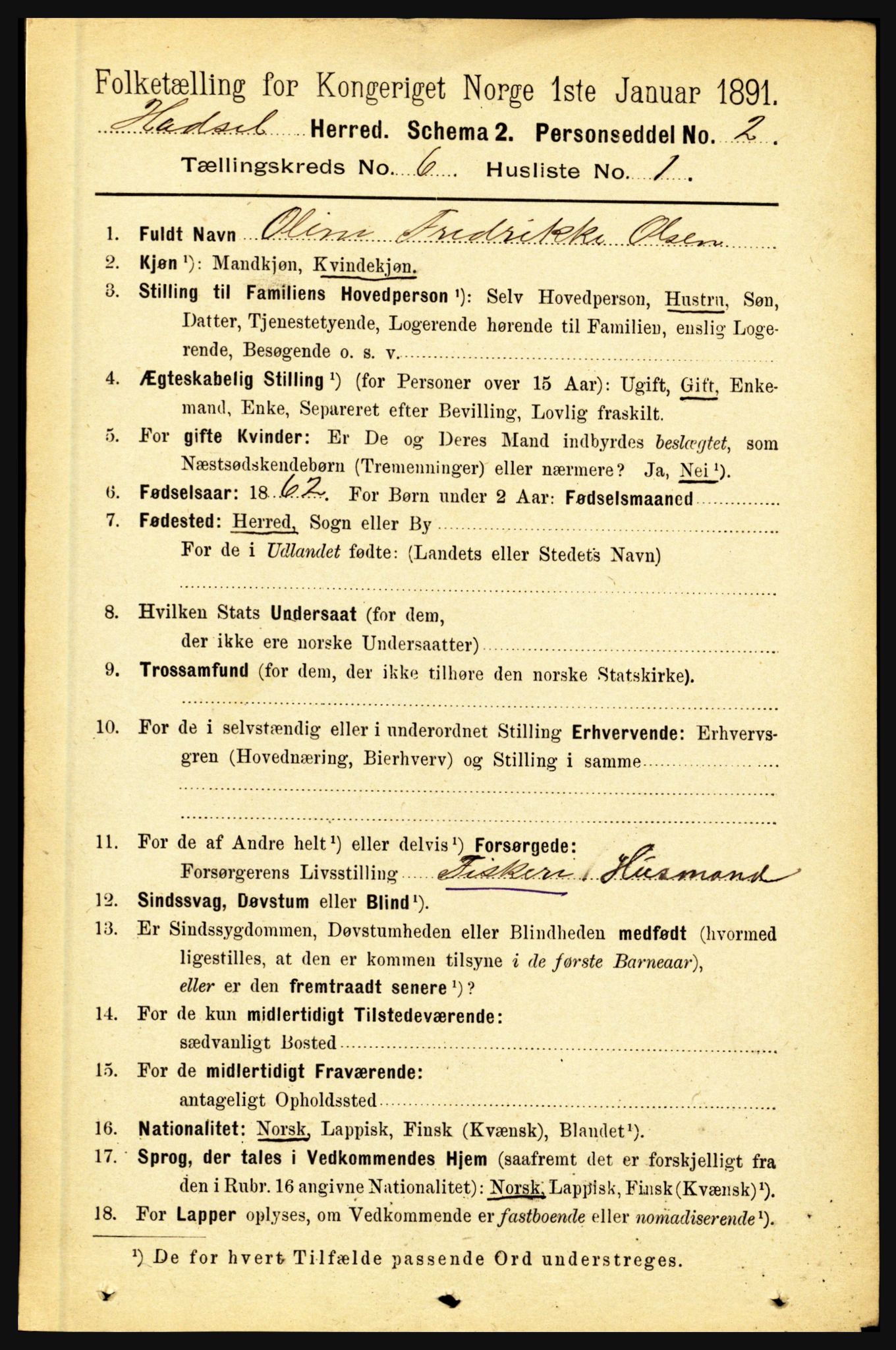 RA, 1891 census for 1866 Hadsel, 1891, p. 2640