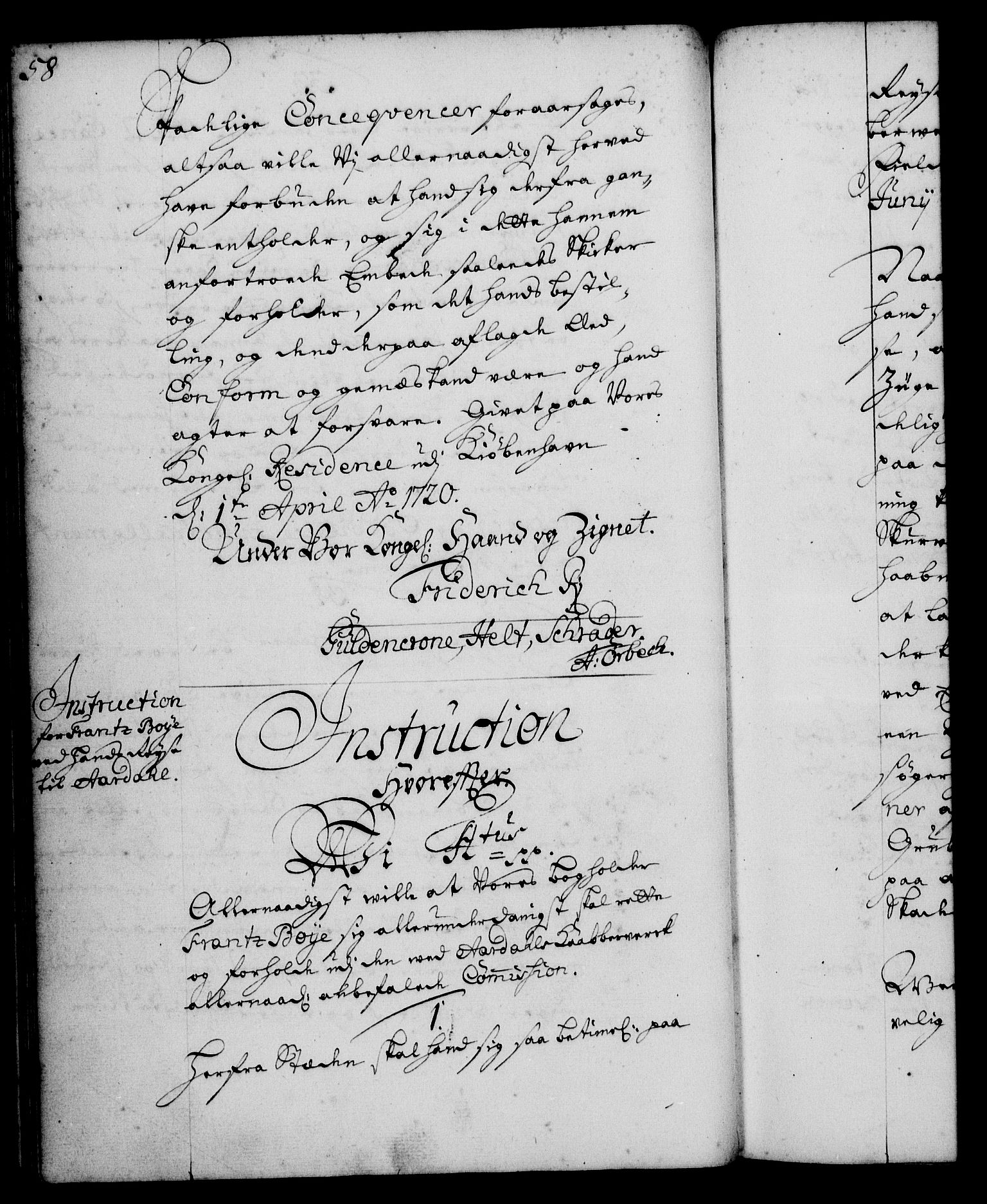 Rentekammeret, Kammerkanselliet, RA/EA-3111/G/Gg/Ggi/L0001: Norsk instruksjonsprotokoll med register (merket RK 53.34), 1720-1729, p. 58