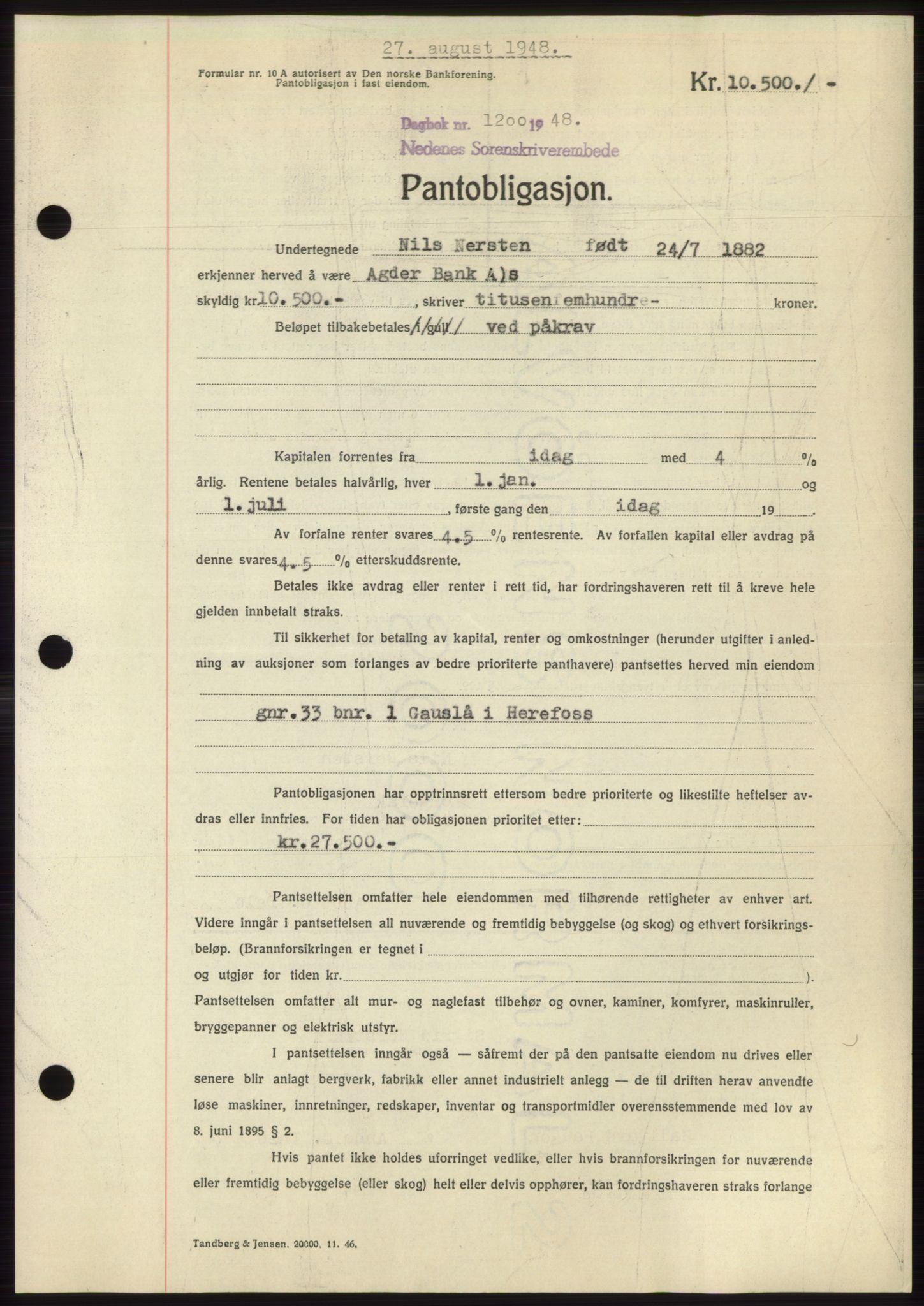 Nedenes sorenskriveri, AV/SAK-1221-0006/G/Gb/Gbb/L0005: Mortgage book no. B5, 1948-1948, Diary no: : 1200/1948