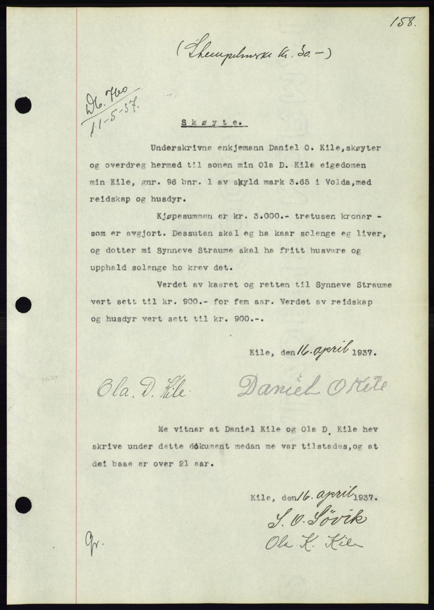 Søre Sunnmøre sorenskriveri, AV/SAT-A-4122/1/2/2C/L0063: Mortgage book no. 57, 1937-1937, Diary no: : 760/1937