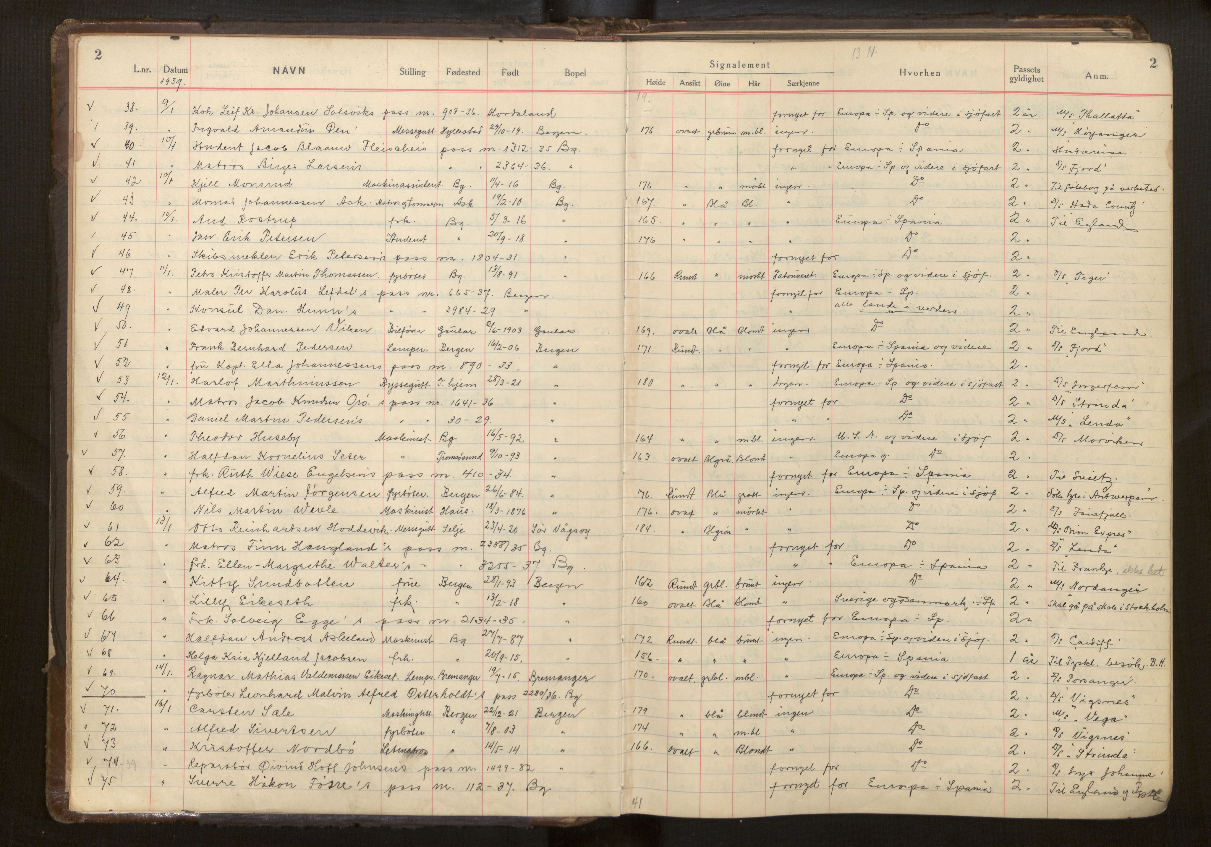 Bergen politikammer / politidistrikt, AV/SAB-A-60401/L/La/Lab/L0015: Passprotokoll, 1939-1946
