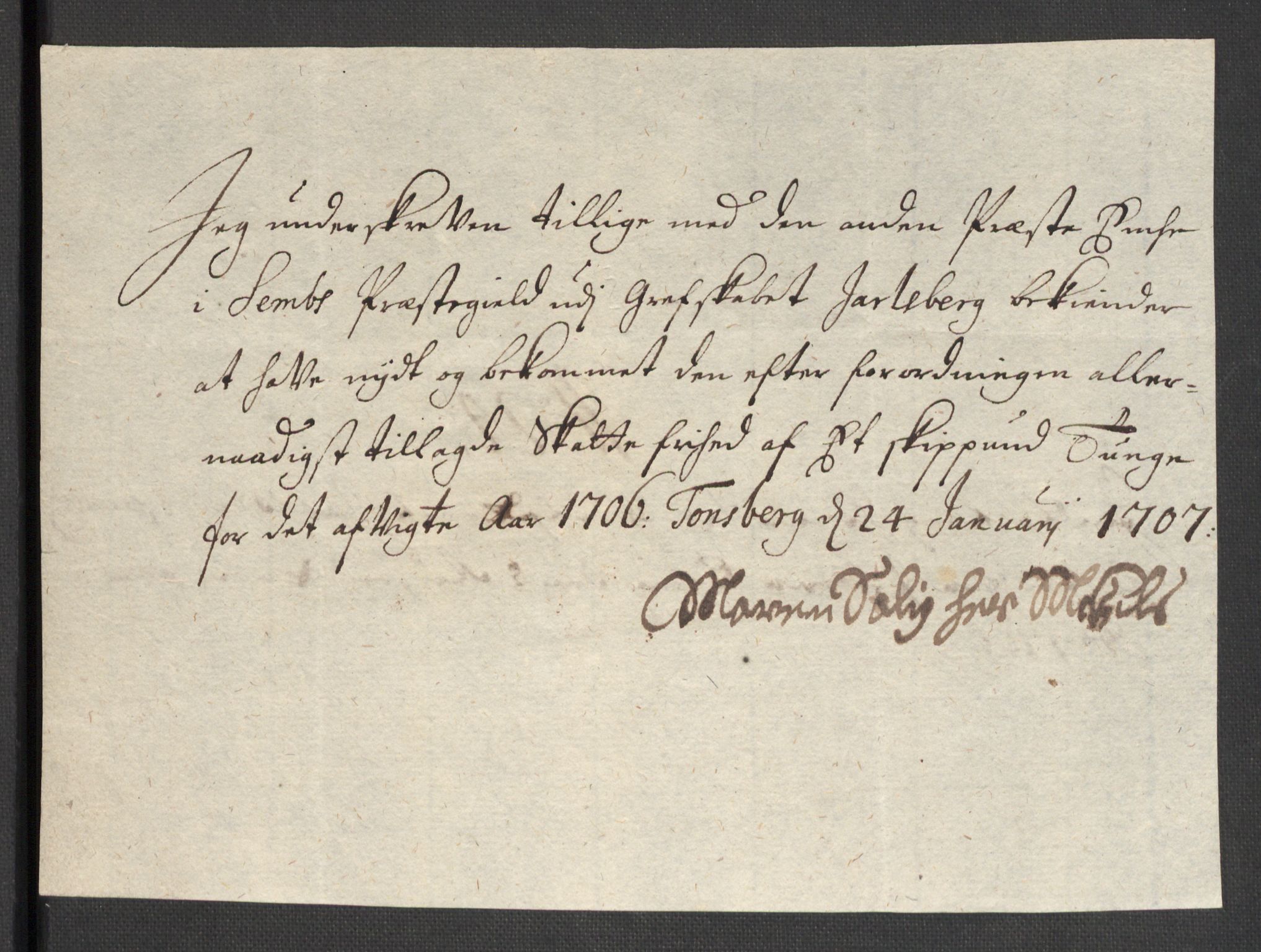 Rentekammeret inntil 1814, Reviderte regnskaper, Fogderegnskap, AV/RA-EA-4092/R32/L1872: Fogderegnskap Jarlsberg grevskap, 1706-1707, p. 242