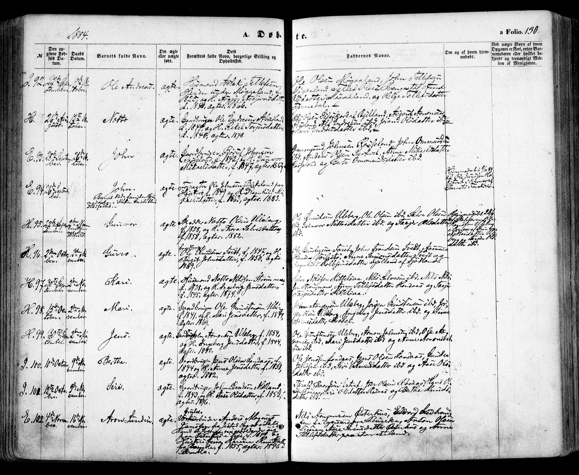 Evje sokneprestkontor, AV/SAK-1111-0008/F/Fa/Faa/L0006: Parish register (official) no. A 6, 1866-1884, p. 130