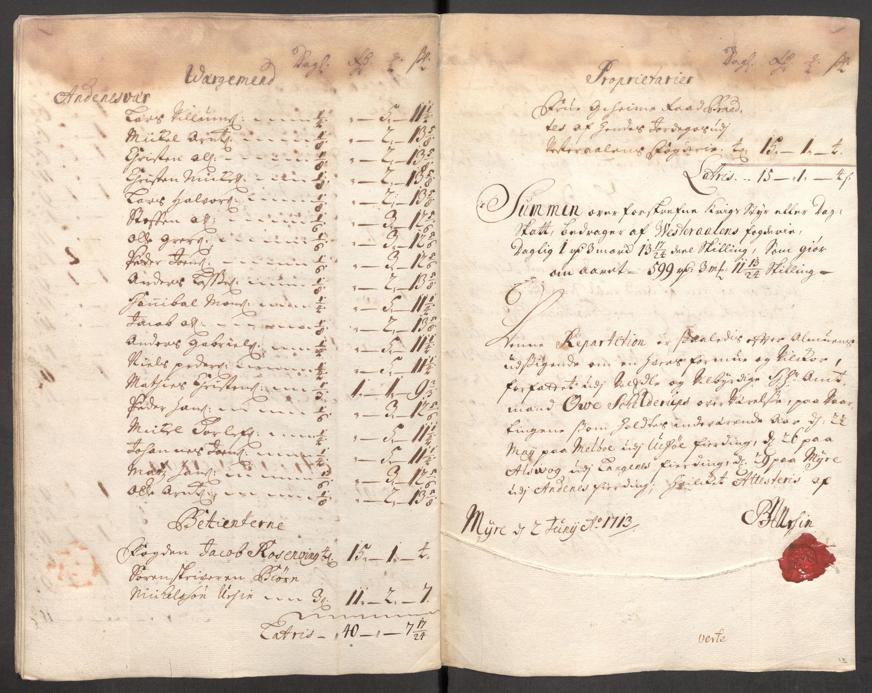 Rentekammeret inntil 1814, Reviderte regnskaper, Fogderegnskap, AV/RA-EA-4092/R67/L4679: Fogderegnskap Vesterålen, Andenes og Lofoten, 1711-1713, p. 180