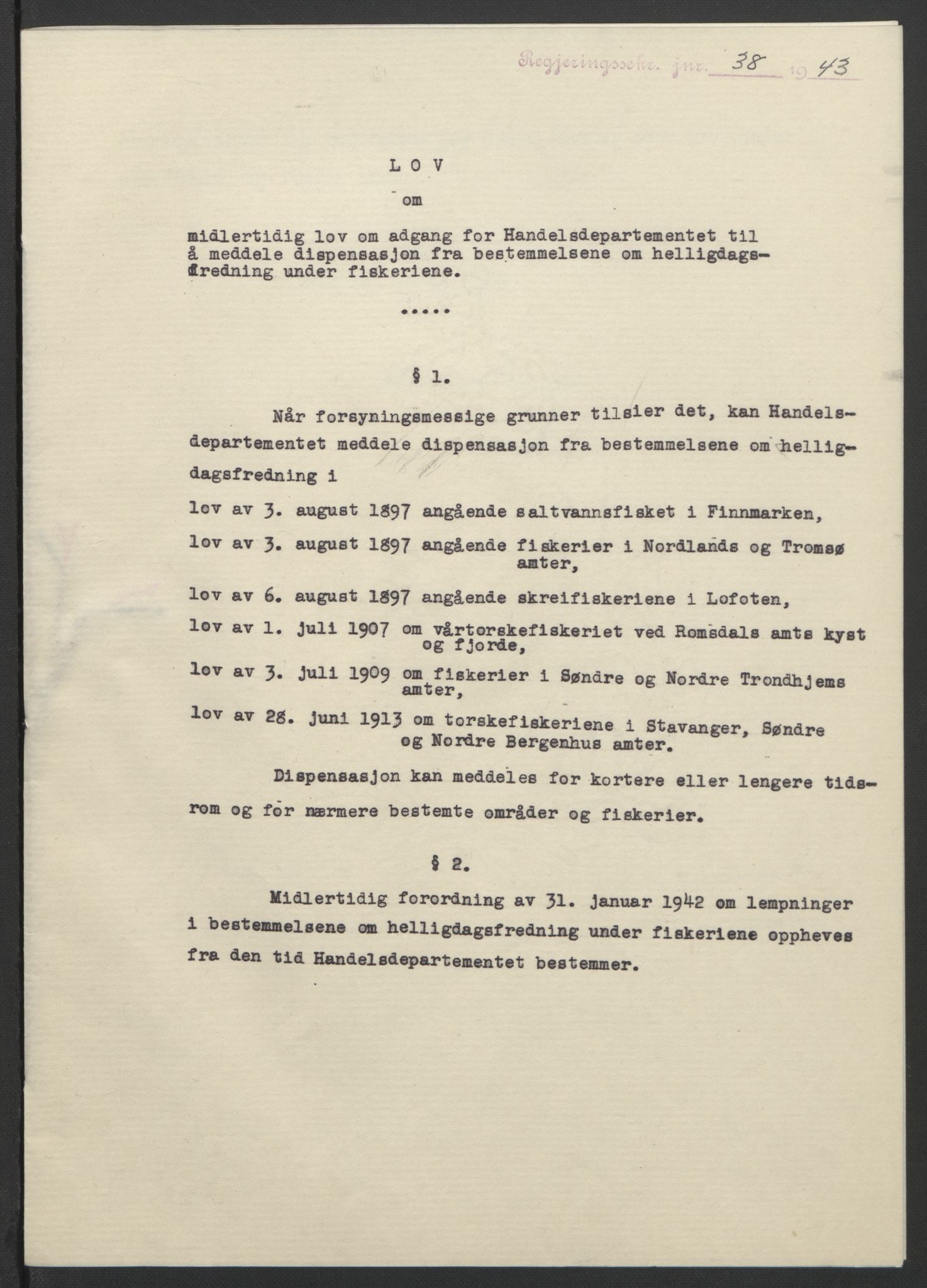 NS-administrasjonen 1940-1945 (Statsrådsekretariatet, de kommisariske statsråder mm), AV/RA-S-4279/D/Db/L0099: Lover, 1943, p. 87