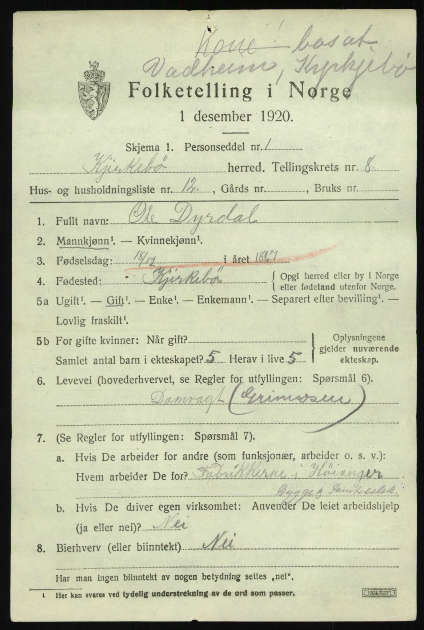 SAB, 1920 census for Kyrkjebø, 1920, p. 3855