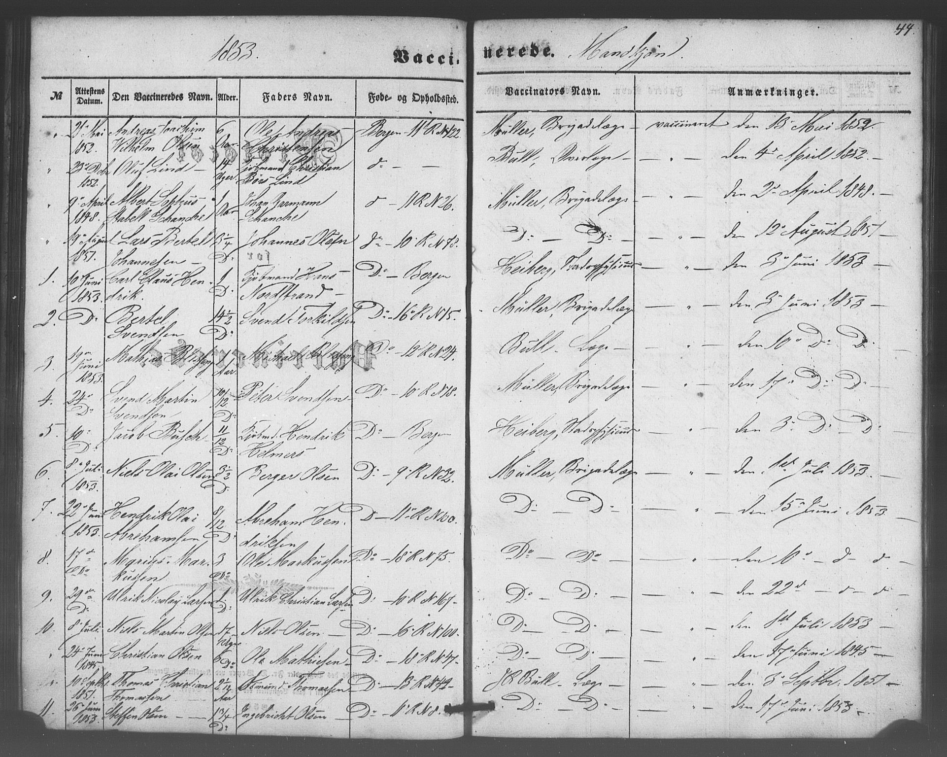 Domkirken sokneprestembete, SAB/A-74801/H/Haa/L0047: Parish register (official) no. F 2, 1852-1868, p. 44