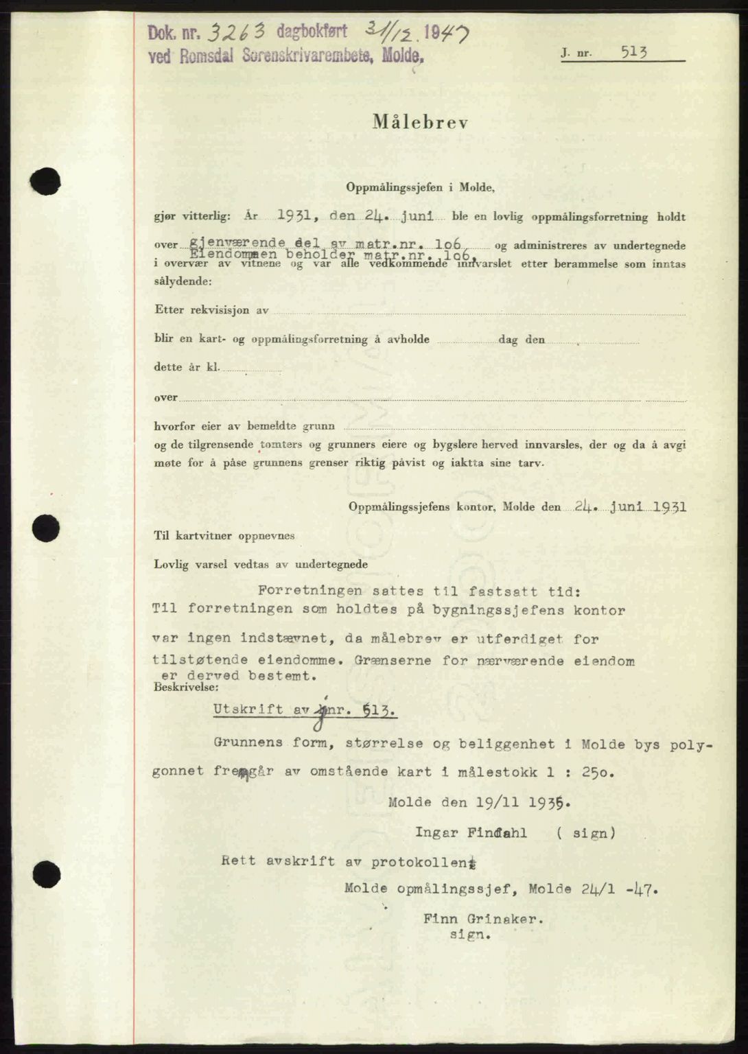 Romsdal sorenskriveri, SAT/A-4149/1/2/2C: Mortgage book no. A24, 1947-1947, Diary no: : 3263/1947