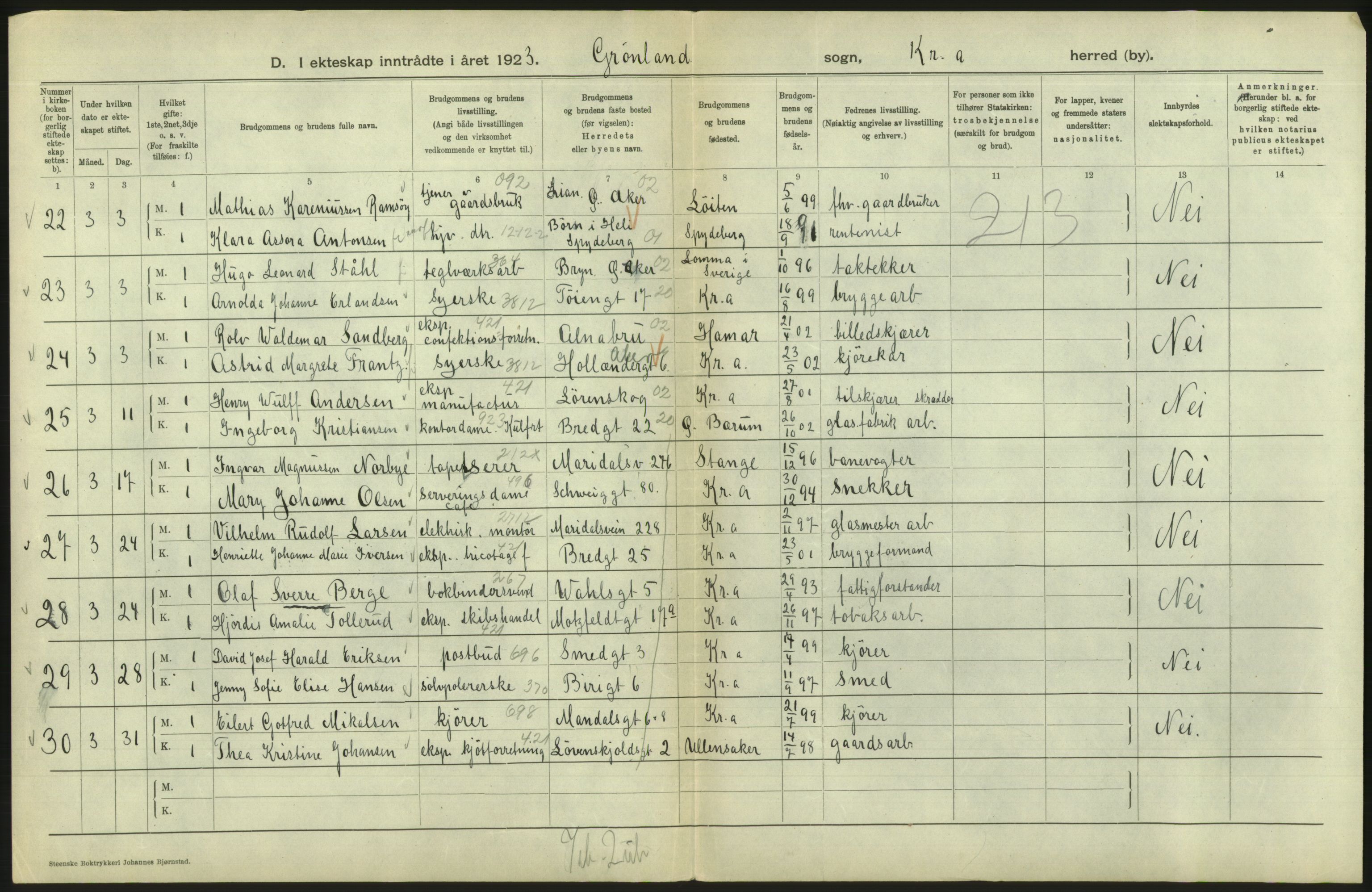 Statistisk sentralbyrå, Sosiodemografiske emner, Befolkning, AV/RA-S-2228/D/Df/Dfc/Dfcc/L0008: Kristiania: Gifte, 1923, p. 778