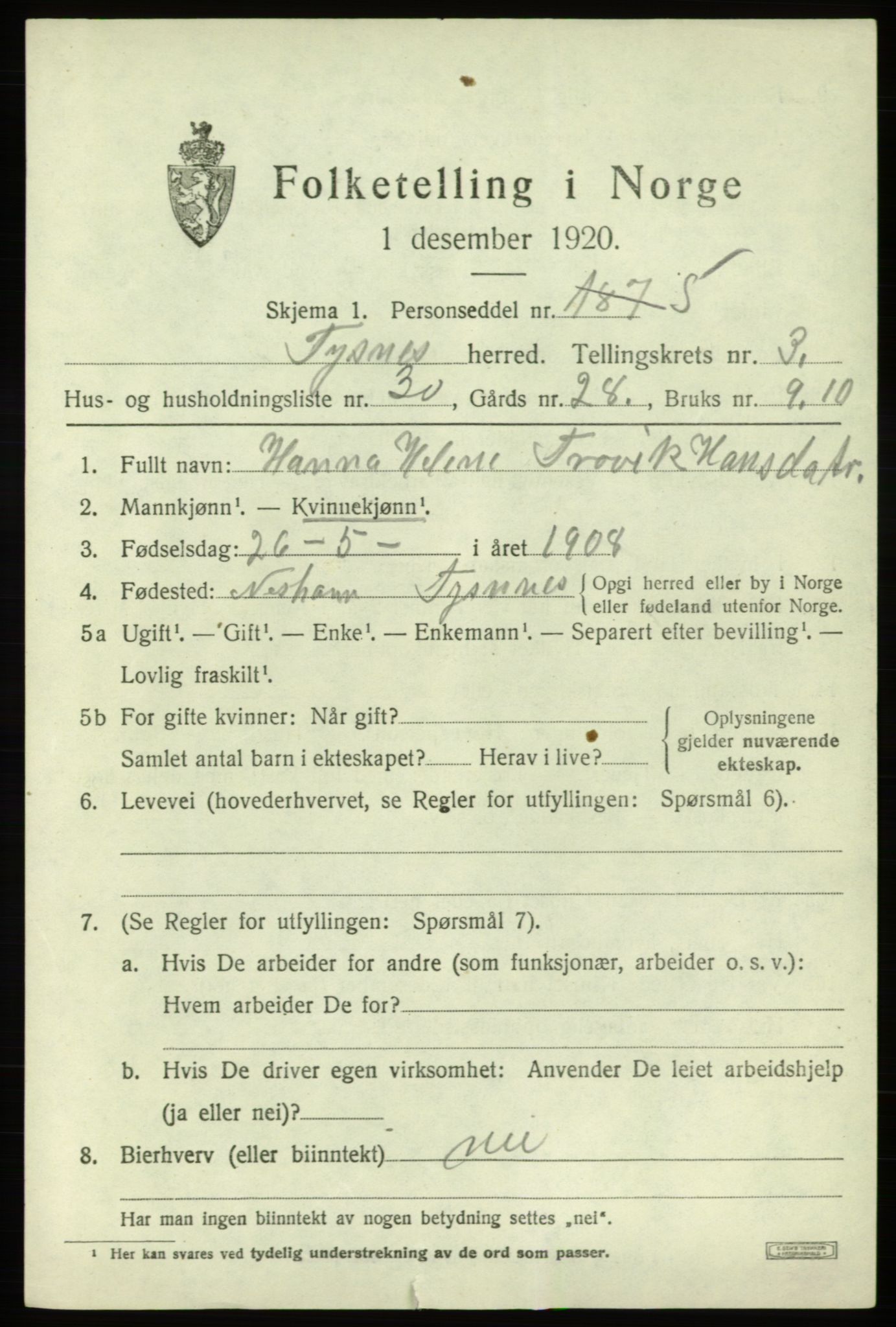 SAB, 1920 census for Tysnes, 1920, p. 3214