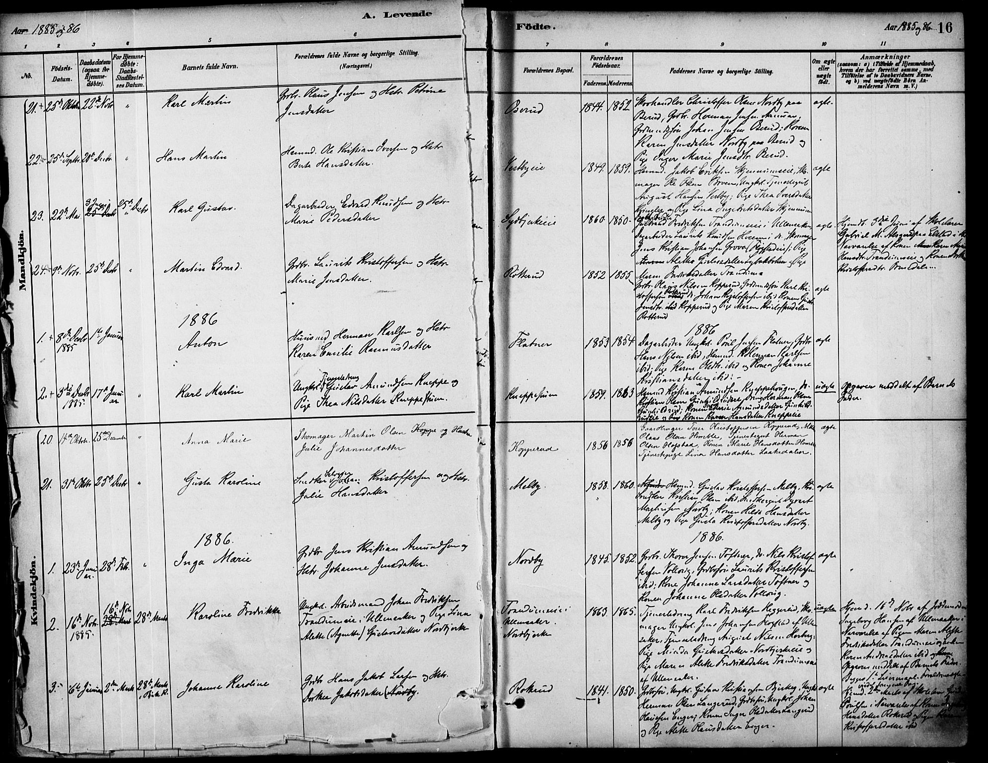 Nannestad prestekontor Kirkebøker, SAO/A-10414a/F/Fa/L0014: Parish register (official) no. I 14, 1881-1890, p. 16