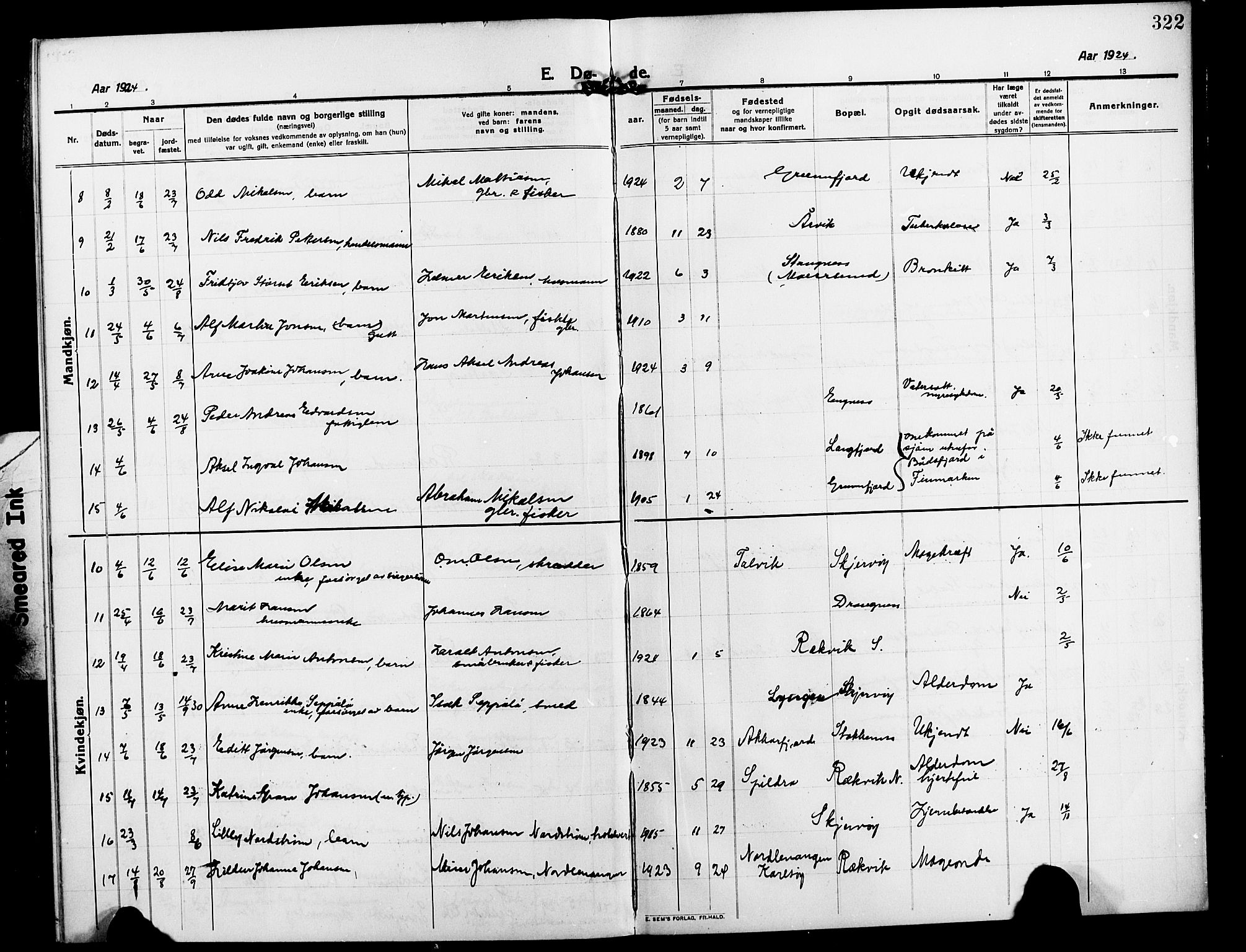 Skjervøy sokneprestkontor, AV/SATØ-S-1300/H/Ha/Hab/L0009klokker: Parish register (copy) no. 9, 1911-1926, p. 322