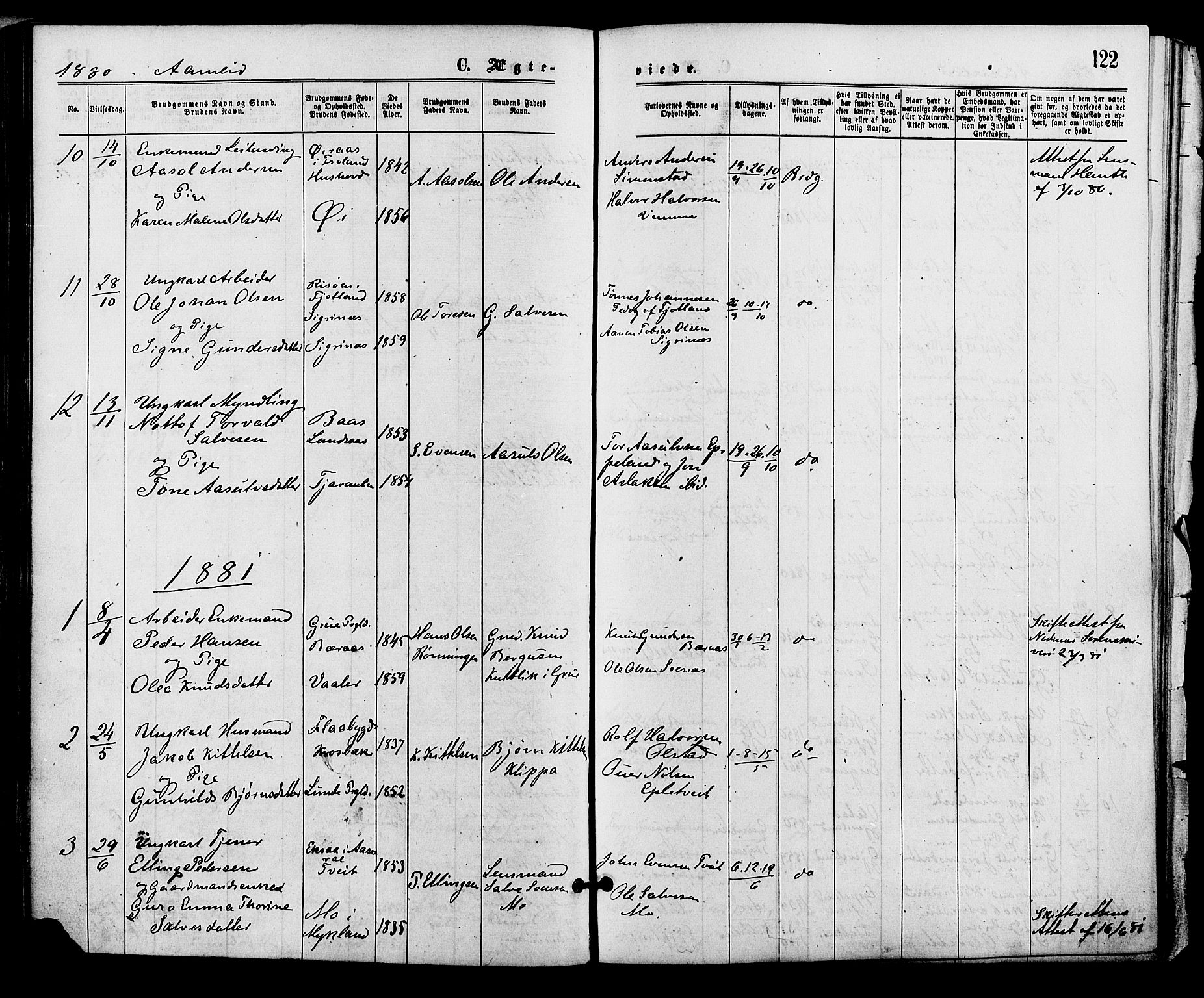 Åmli sokneprestkontor, AV/SAK-1111-0050/F/Fa/Fac/L0009: Parish register (official) no. A 9 /1, 1869-1884, p. 122