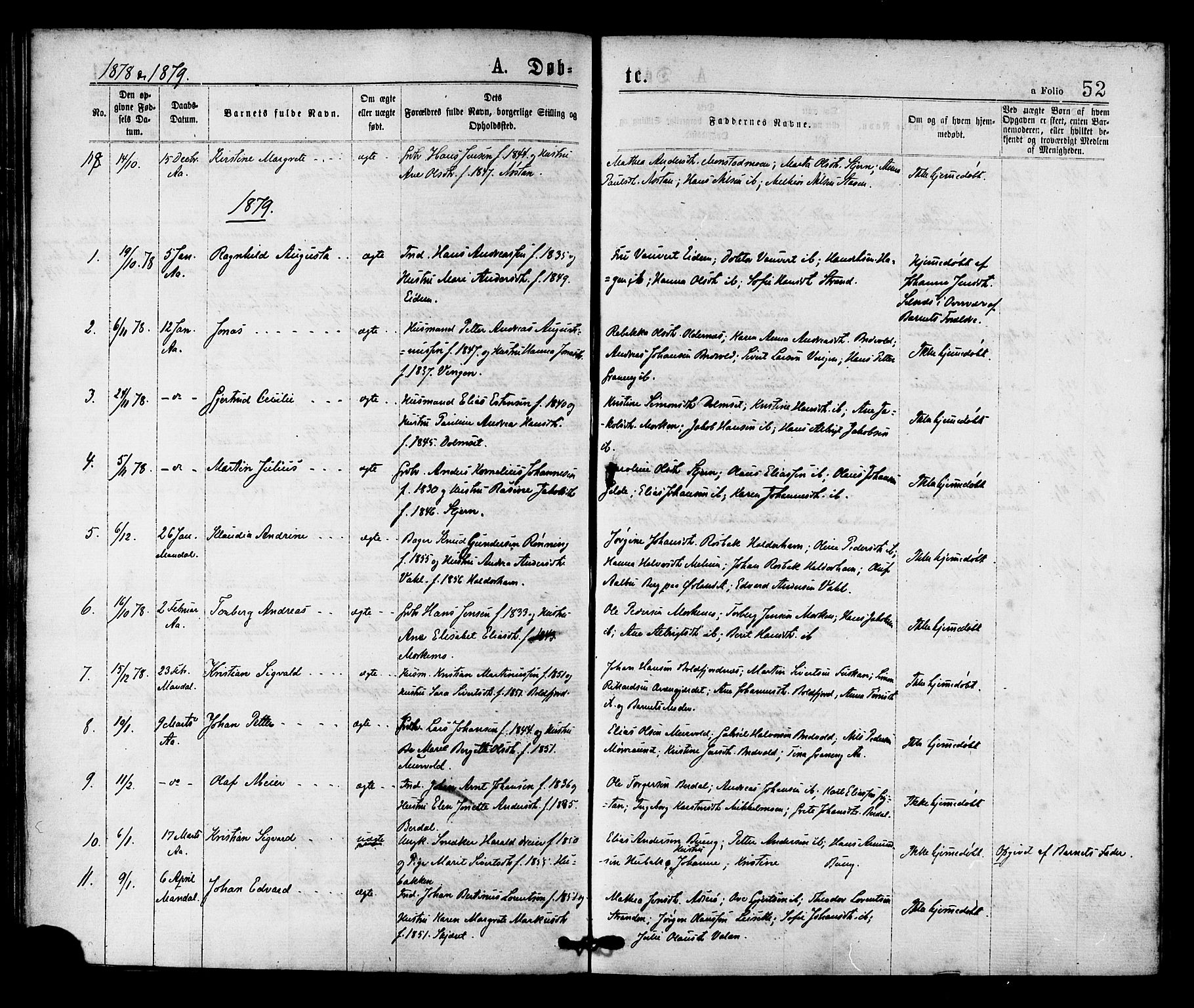 Ministerialprotokoller, klokkerbøker og fødselsregistre - Sør-Trøndelag, SAT/A-1456/655/L0679: Parish register (official) no. 655A08, 1873-1879, p. 52
